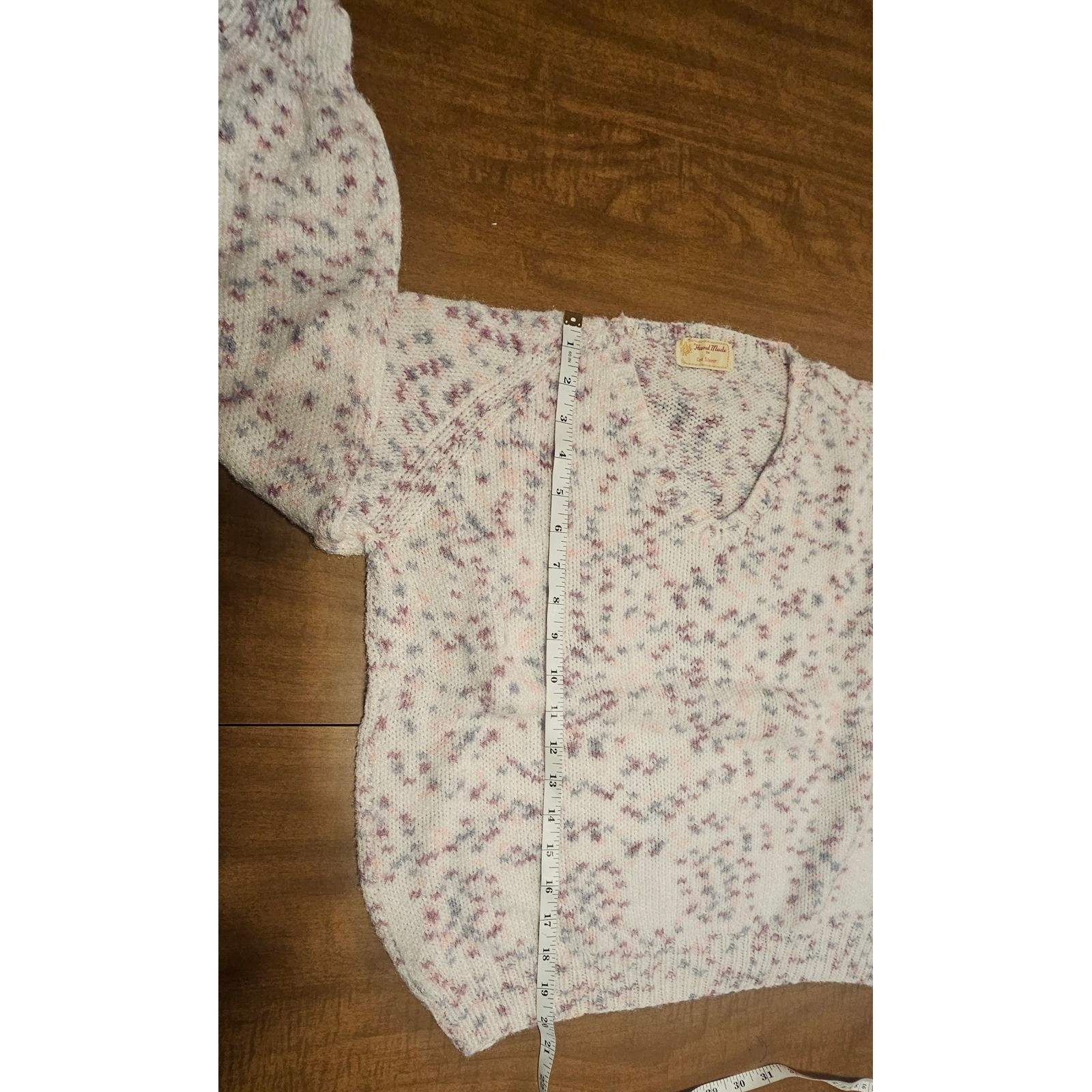 Vntg 80s Homemade Confetti Pastel Flecks V-Neck Knit Sweater M L Puff Sleeves K