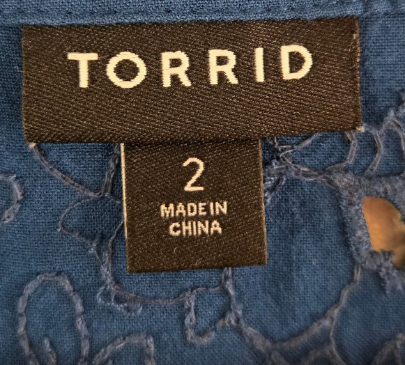 Torrid Womens 2 (18-20) Blue Challis Beaded Embroidered Cut Out Peasant Blouse