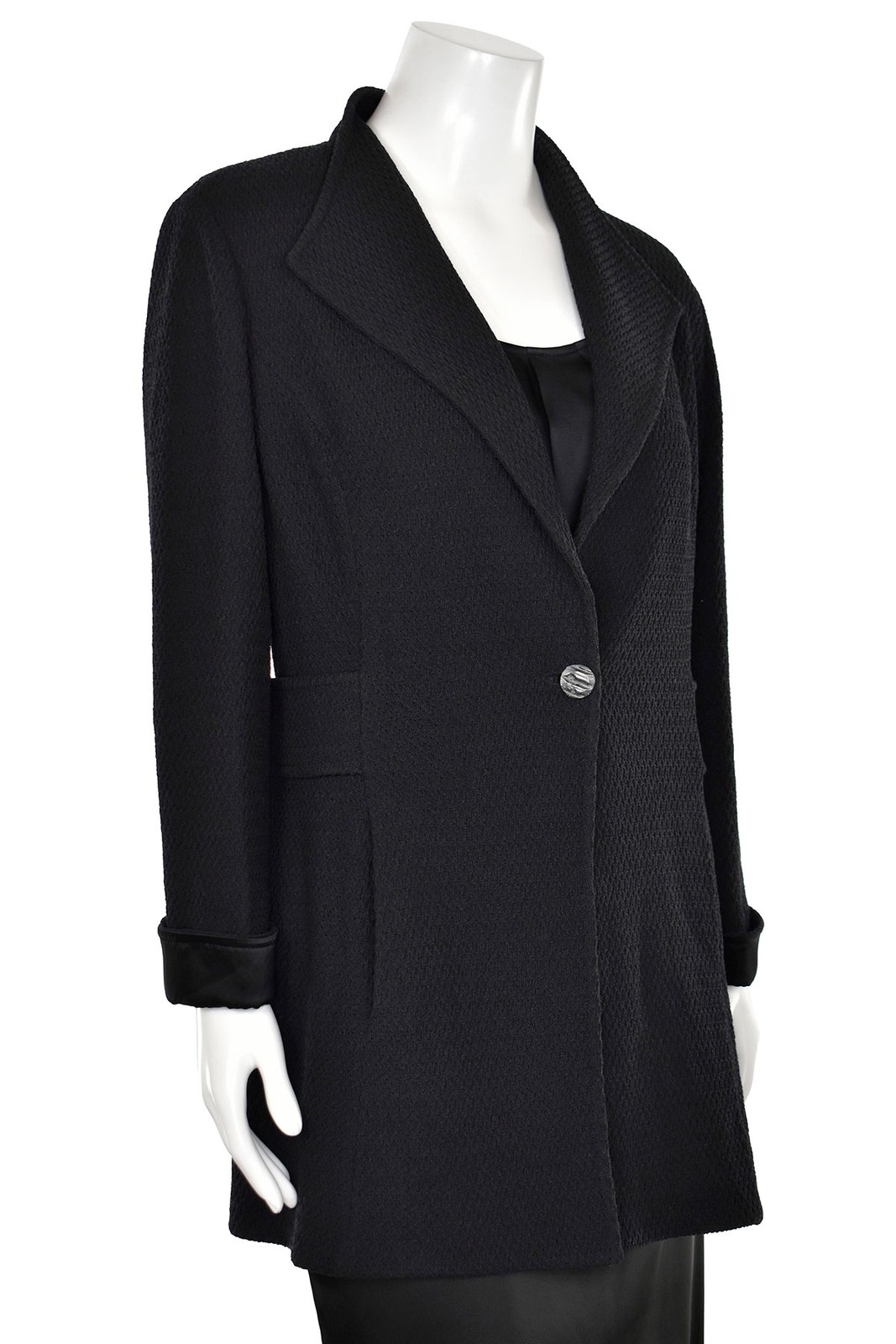 St. John Knits Black Jacket sz 16 – Long Black 1-Button Jacket w/ Satin Cuffs