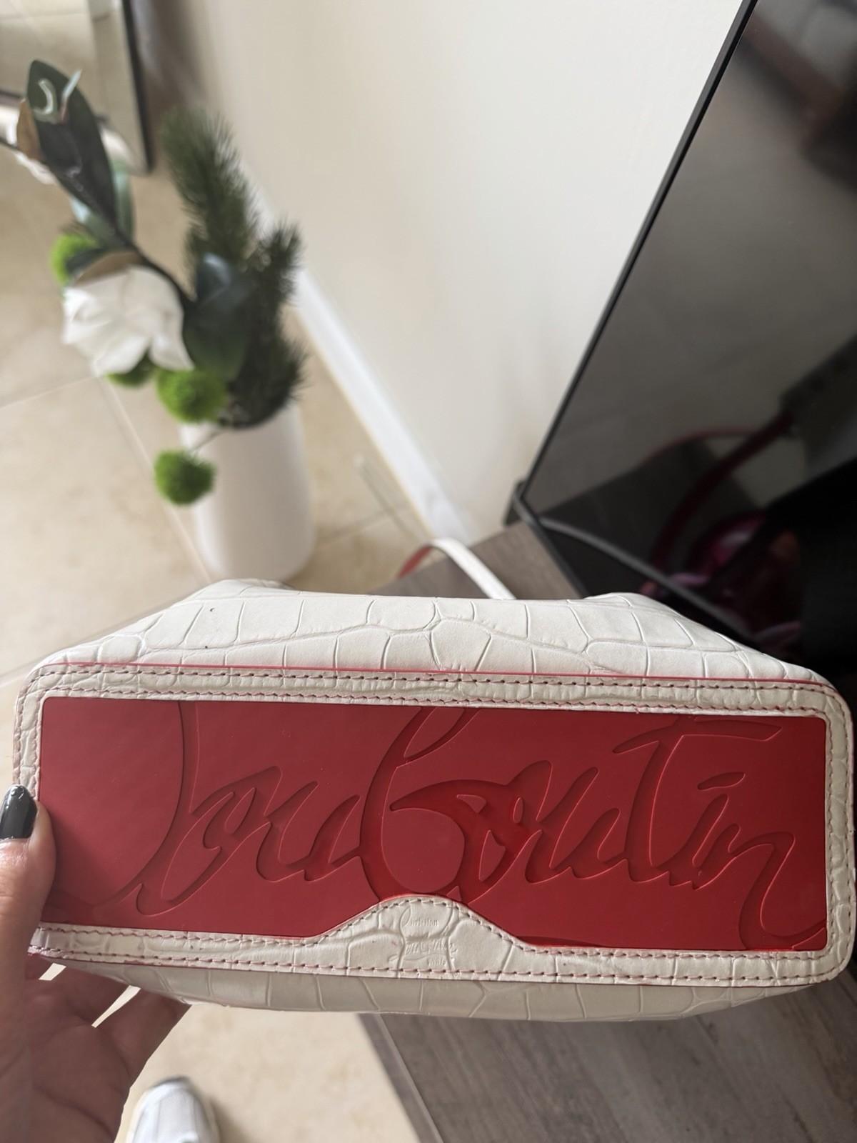 Christian Louboutin White Croc Embossed Paloma Satchel Top Handle w/ Strap Red