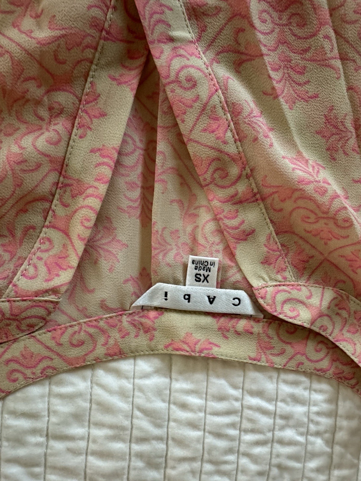 Cabi Women’s Pink/Beige Damask Strapless Sweetheart blouse XS Tie