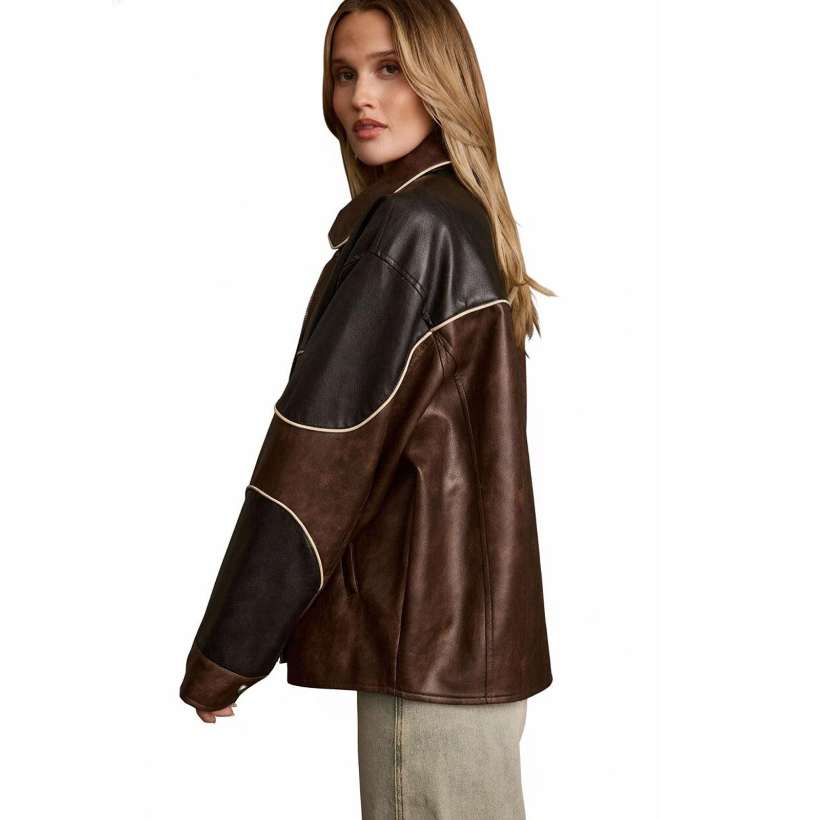 Women’s Real Leather Jacket Two Tone Brown Black Oversized Zip Up Coat