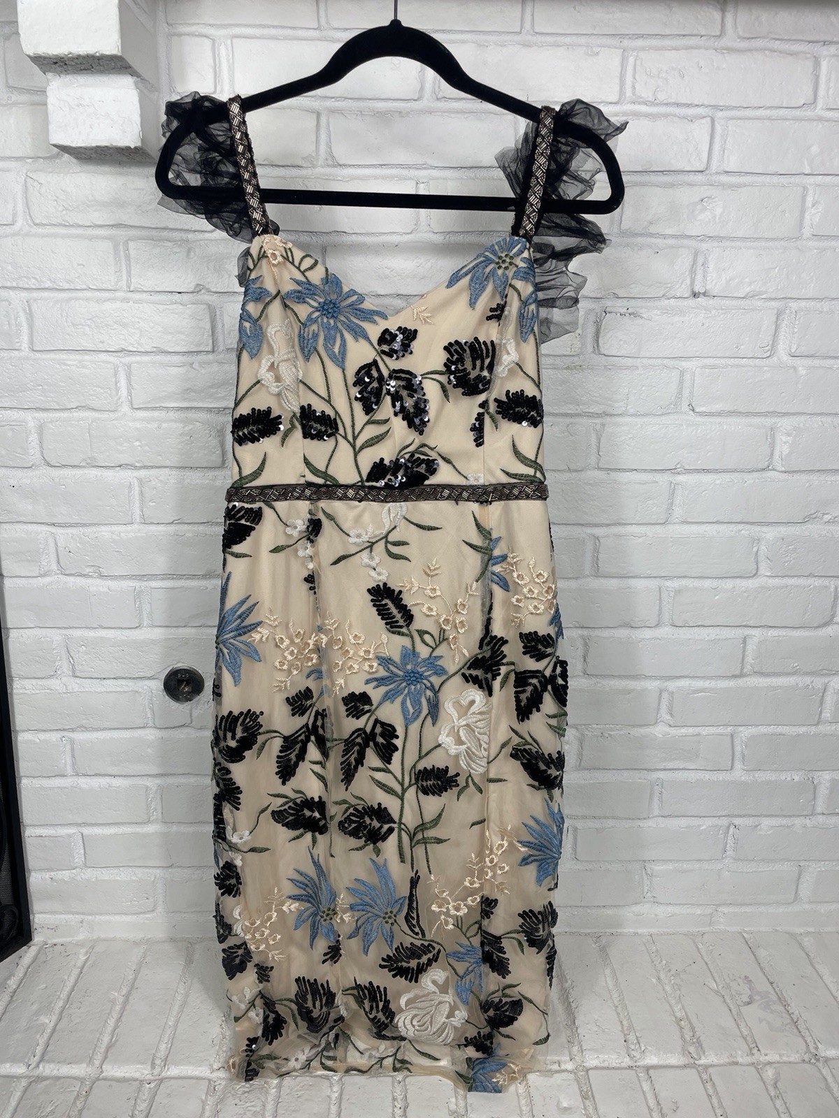 Lulus Floral Embroidered Sequin Midi Dress Black Blue Beige Size L NWT