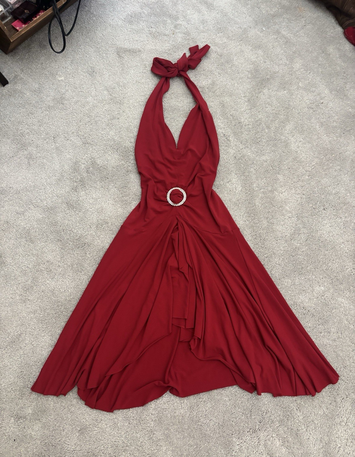 Vintage Dina Bar-El Red V-Neck Halter Backless A-Line Dress Petite P Ring Jersey