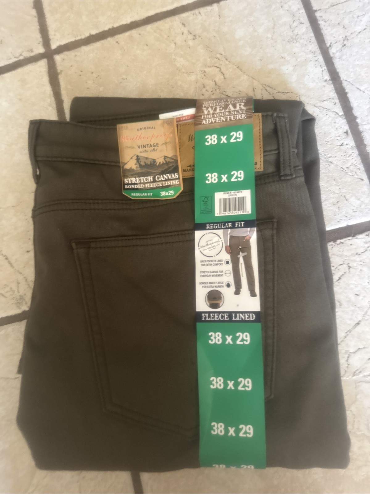 NWT WEATHERPROOF VINTAGE Men’s Stretch Canvas Bonded Fleece Lining Pant 38×29