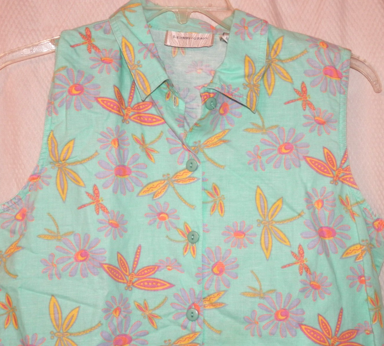 Lemon Grass Women’s Linen Blend Sleeveless Blouse Sz L Mint/Floral Dragonfly