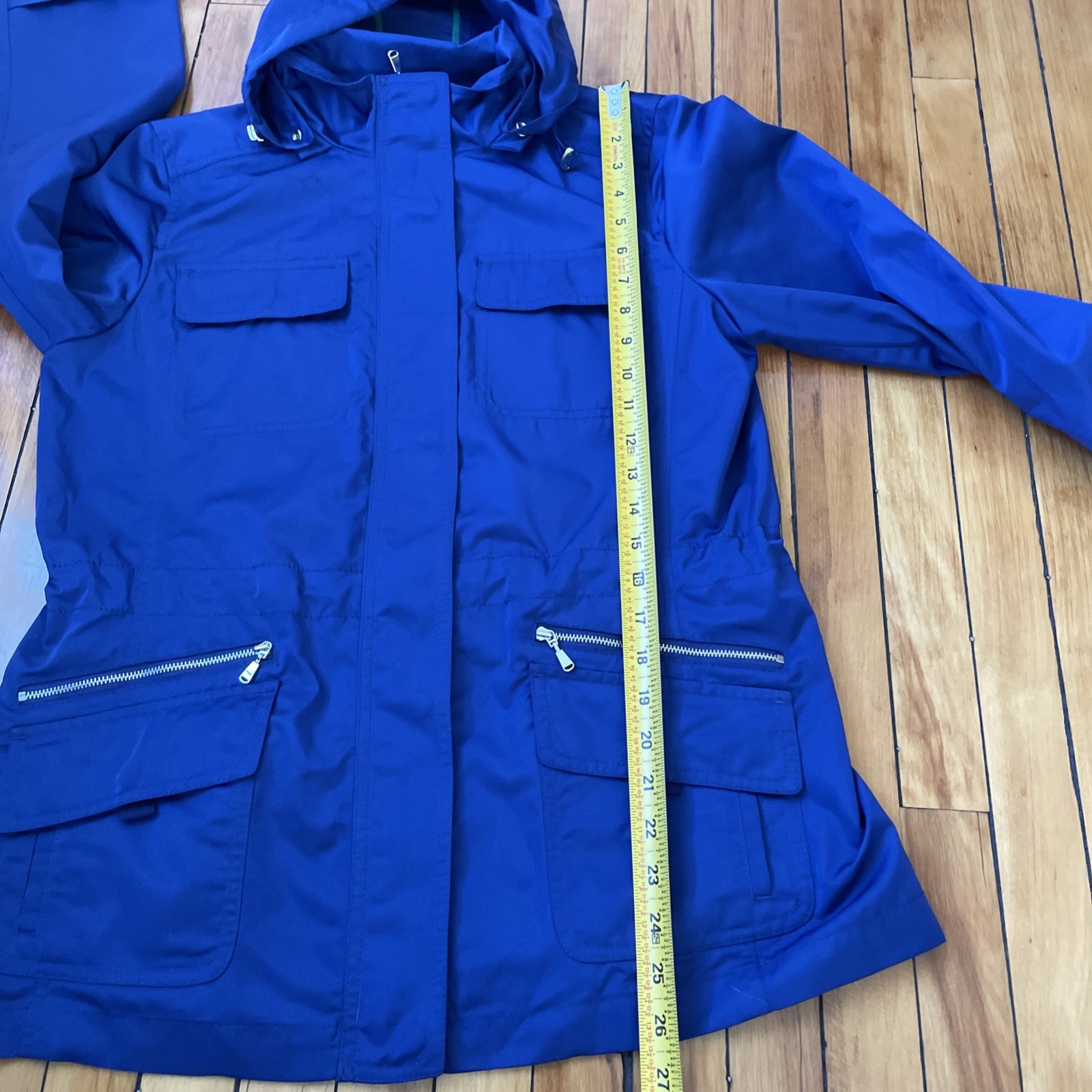 Talbots Womens 8 Navy Blue Hooded Jacket Zipper & Snap Button Closure Pockets