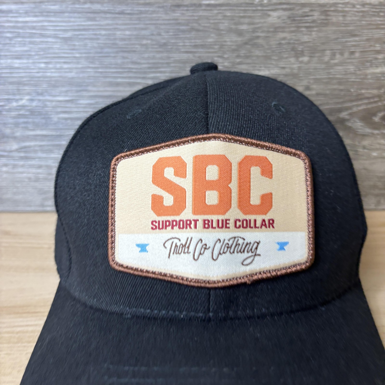 Troll Co Clothing Hat Cap Fitted Mens L-XL Black Patch Support Blue Collar SBC