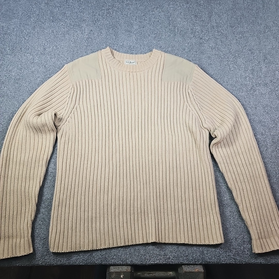 LL Bean Mens Medium Reg Commando Sweater Cotton Ribbed Elbow Patch 0BYK5 Khaki