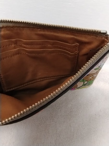 Pre Owned COACH Floral Corner Zip Leather Wristlet Clutch brkn zipper