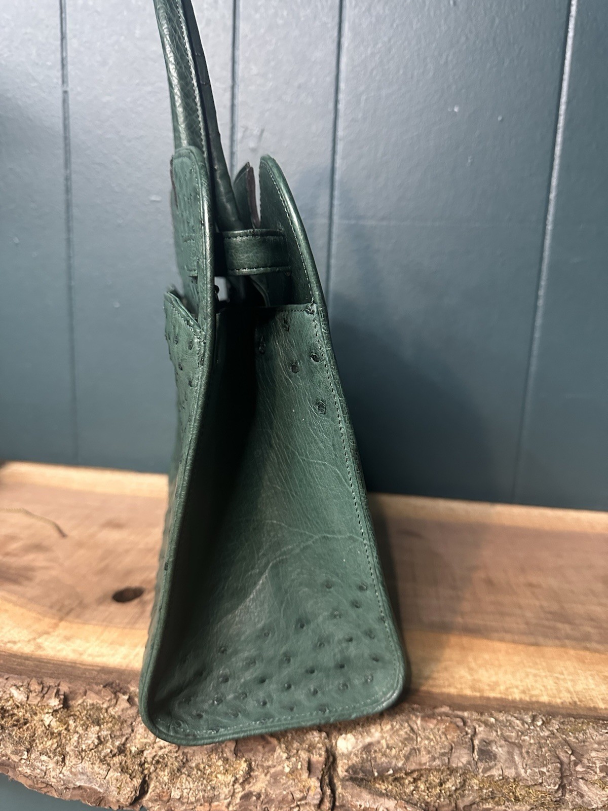 JRA Celencee Nicola Ferri Green Ostrich Leather Top Handle Bag