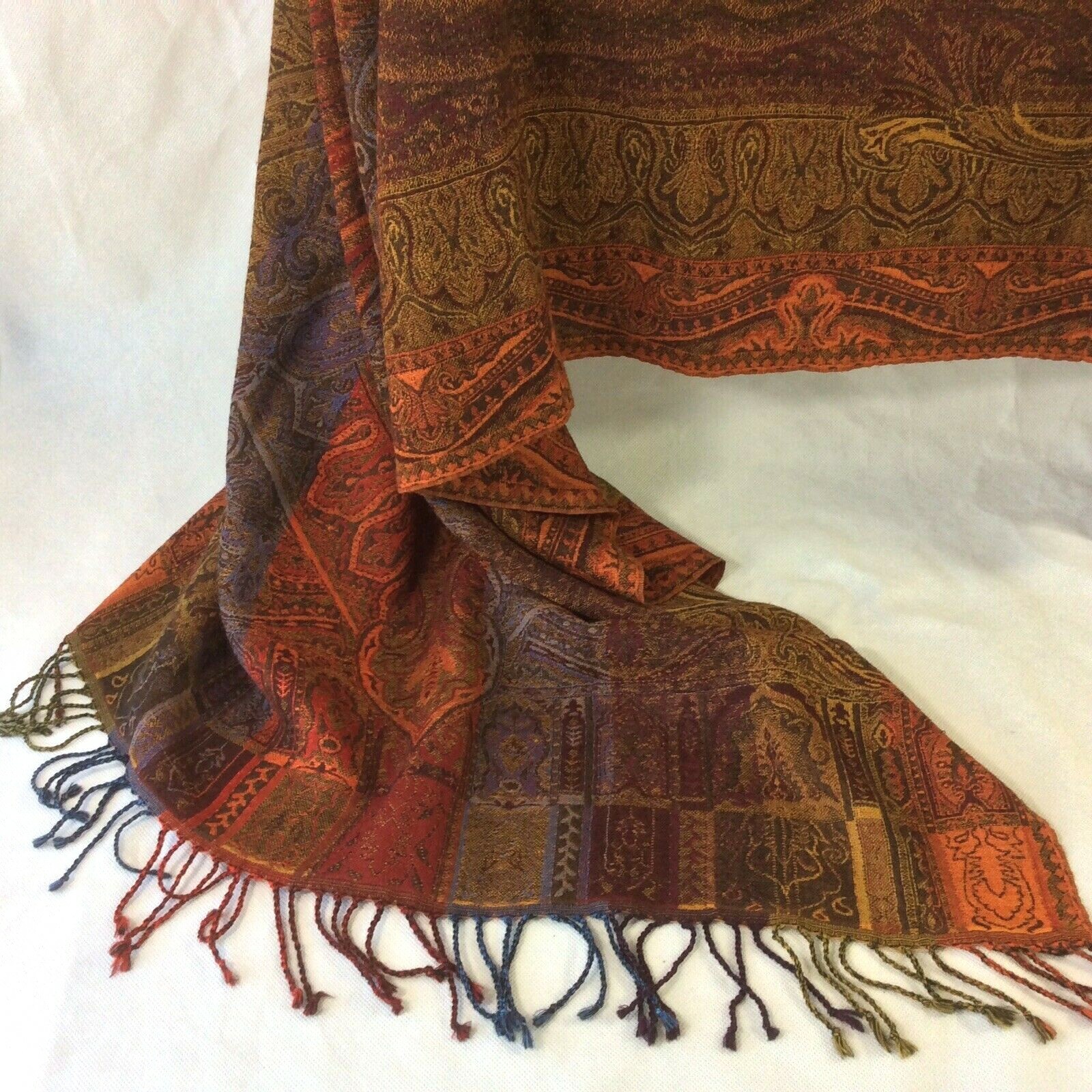 SCARF THROW WRAP RUNNER 100% WOOL 72″X28″ TASSELS PAISLEY DESIGN FABRIC TAG
