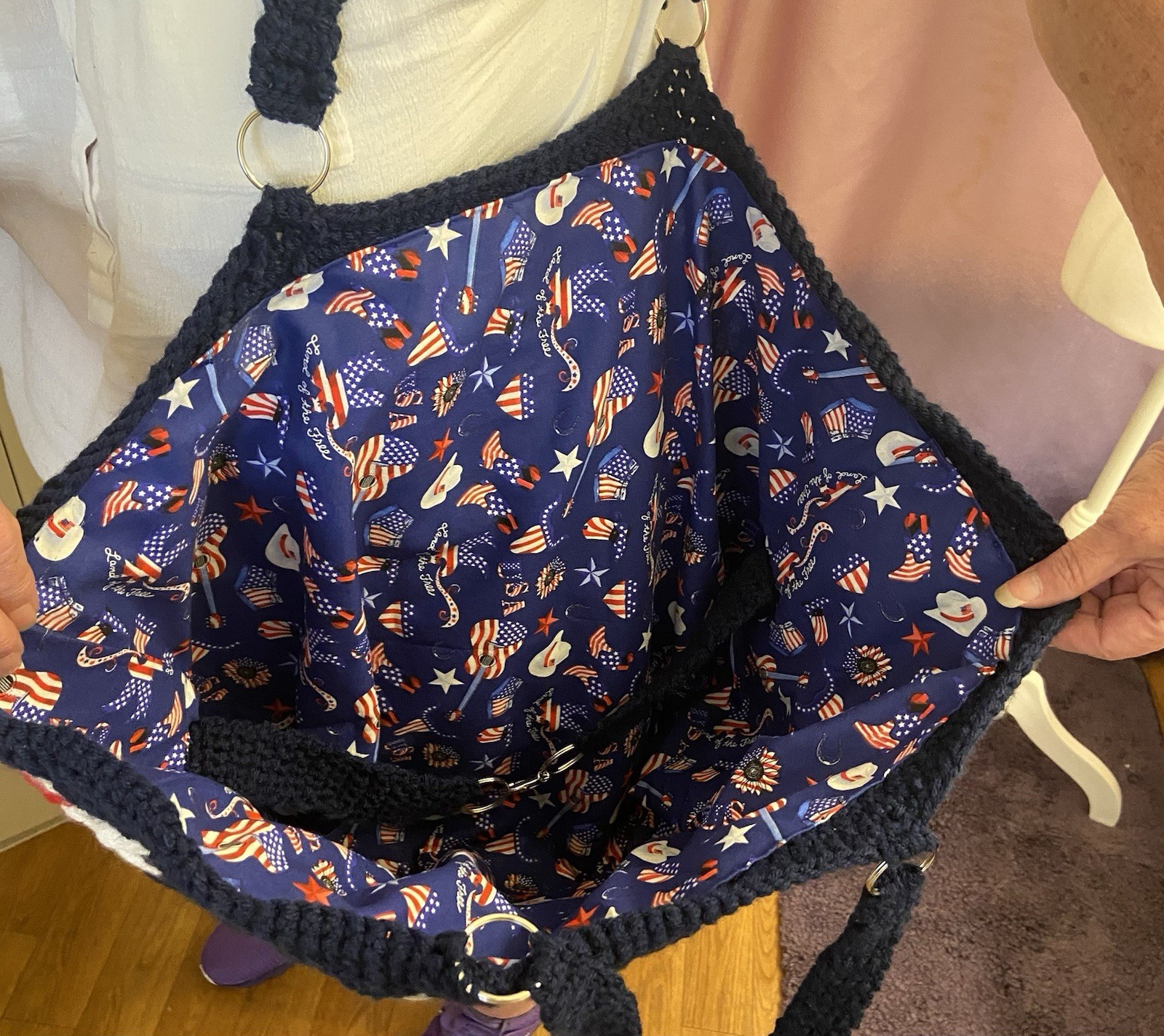 Handmade Crochet Red, White,Blue farmer’s market and all around great lined tote