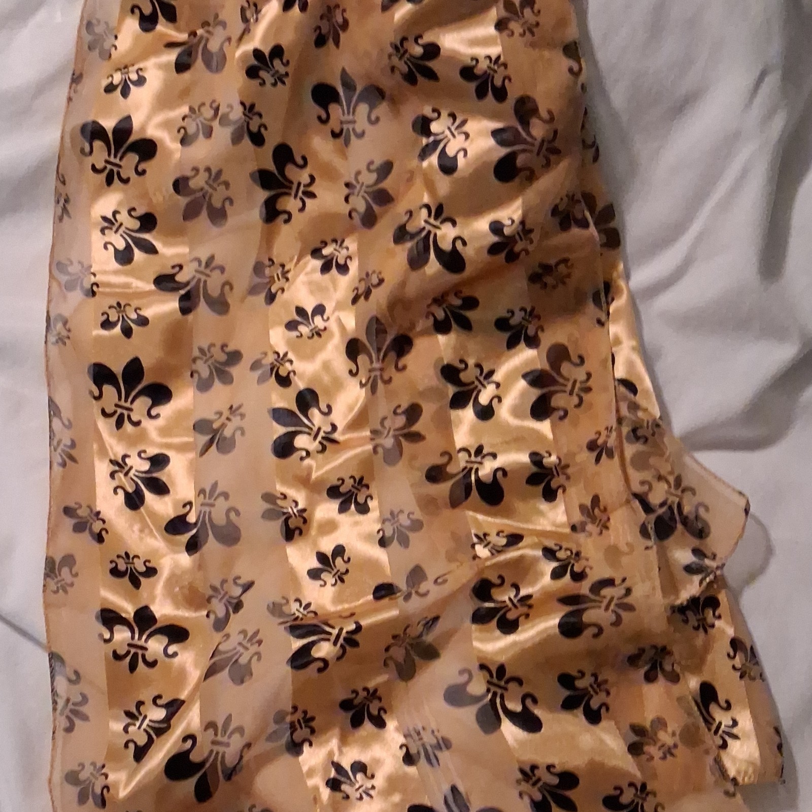 Gold Black Gray Satin Polyester Fleur-de-lis Women’s Scarf Wrap Hand Wash