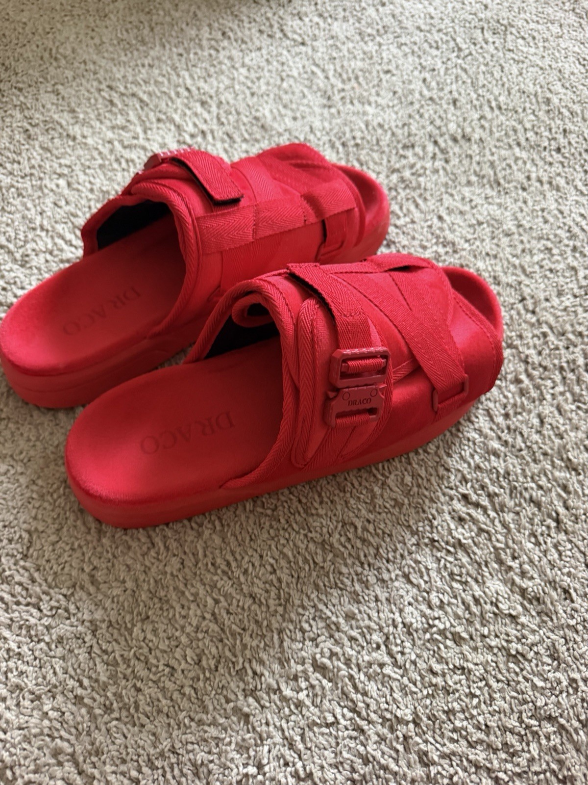 DRACO Men’s Red Slide Sandals Buckle Closure Logo Accent Size 11