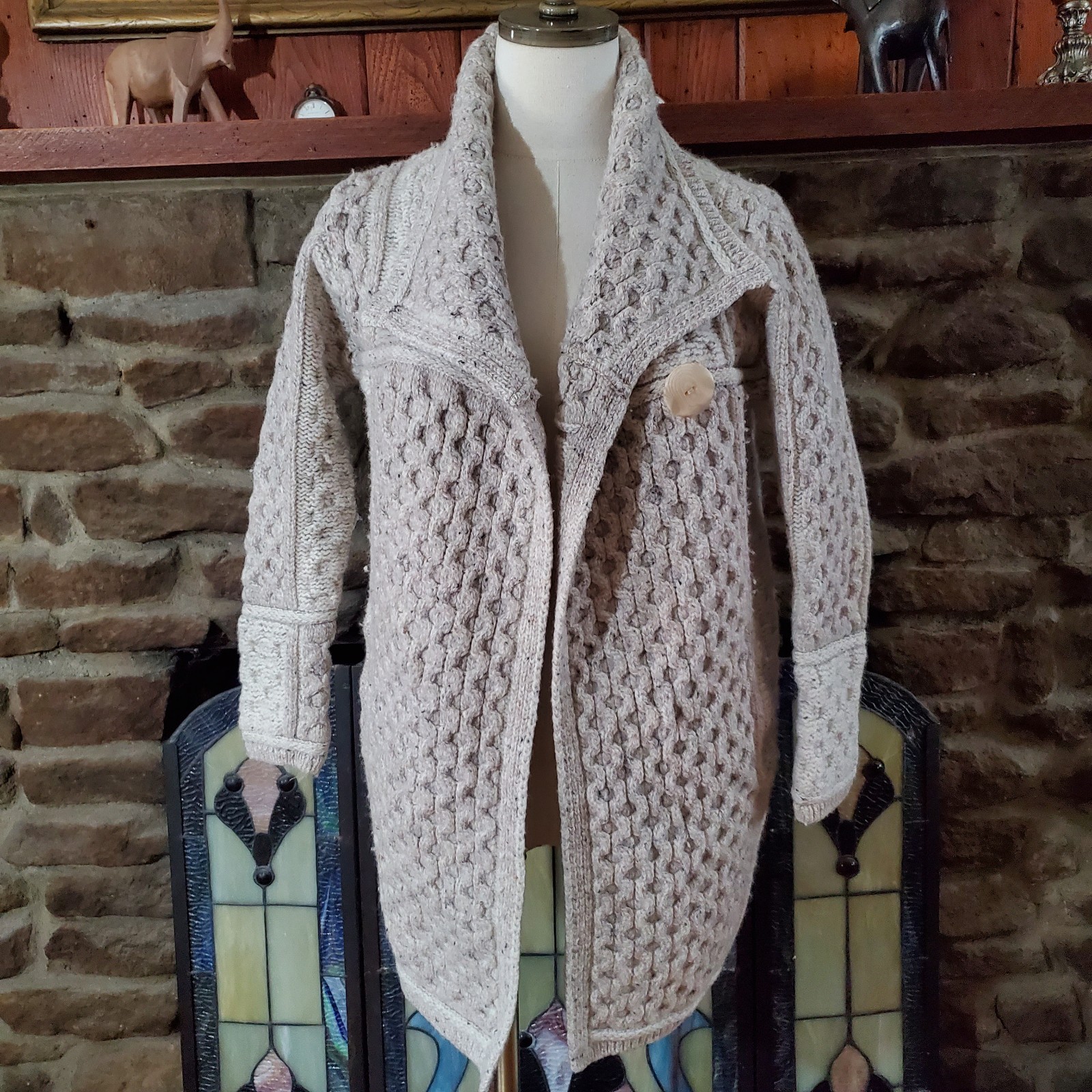 Aran Crafts Ireland Merino Wool Cable Knit Sweater Coat Single Button Womens S