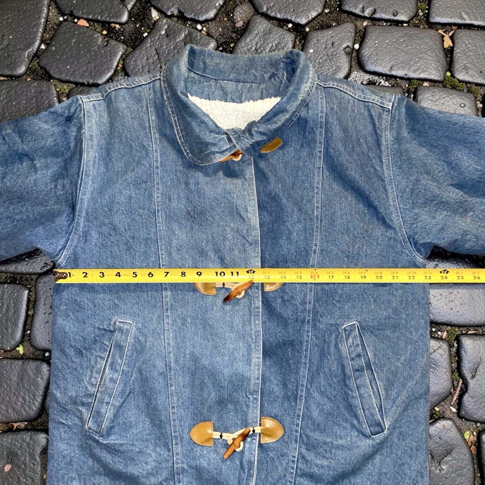 Vintage 90s Denim Duffle Coat Toggle Jacket Sherpa Lined Size M Made in USA