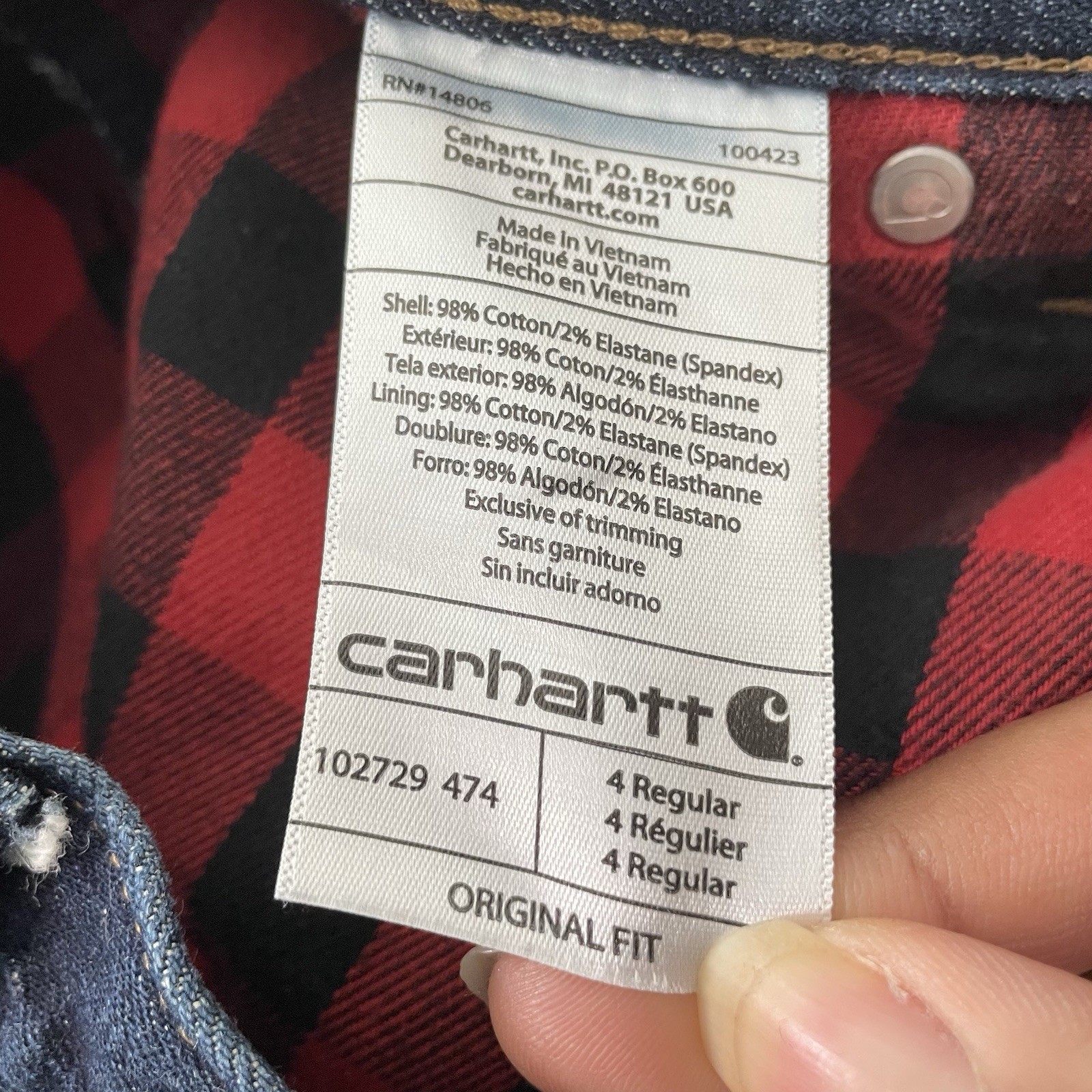 Carhartt Flannel Fleece Lined Jeans Womens 4 Blue Original Straight Stretch 1574