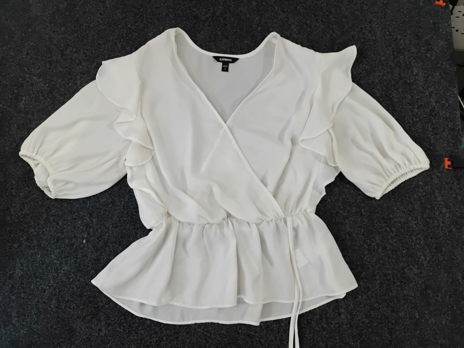 Express White Faux Wrap Ruffle Puff Sleeve Peplum Top