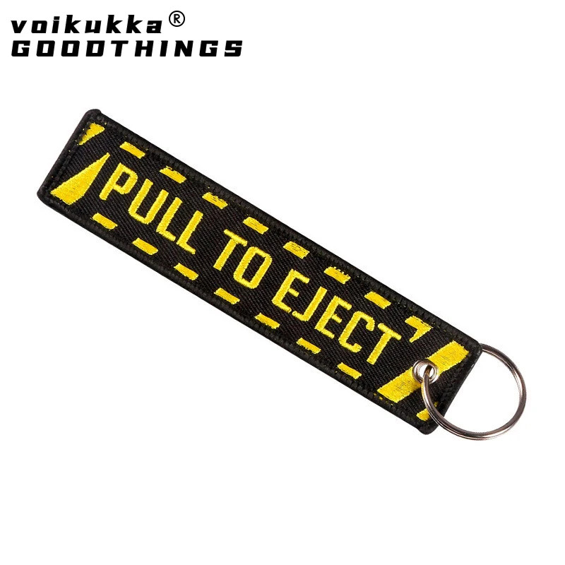 1 PC Only Both Sides Embroidery PULL TO EJECT Tags Rectangle Keychain Motorcycle