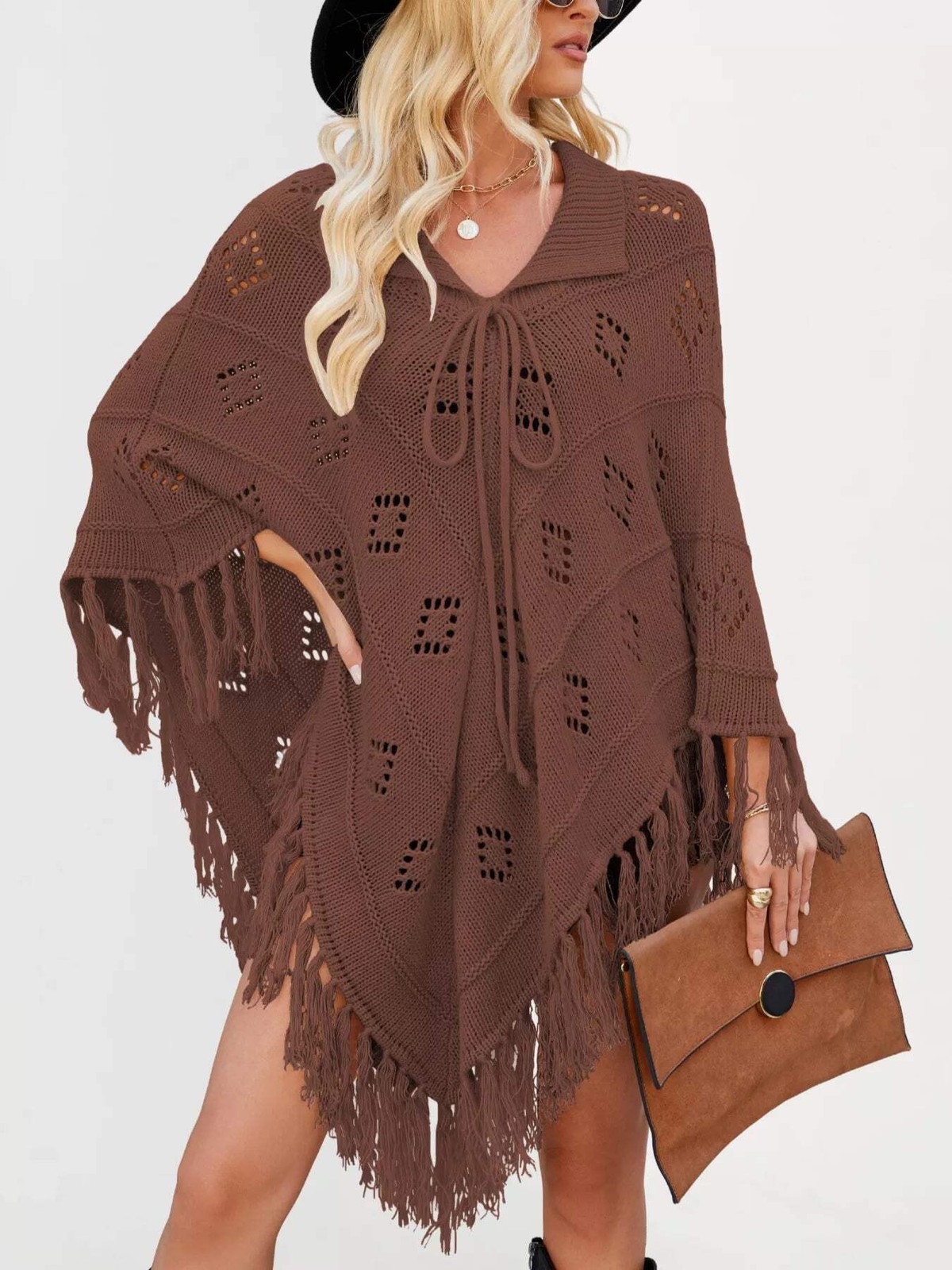 Women’s Fringe Tassel Tie Openwork Knit Boho Beach Cover Up Multi Colors S-XL
