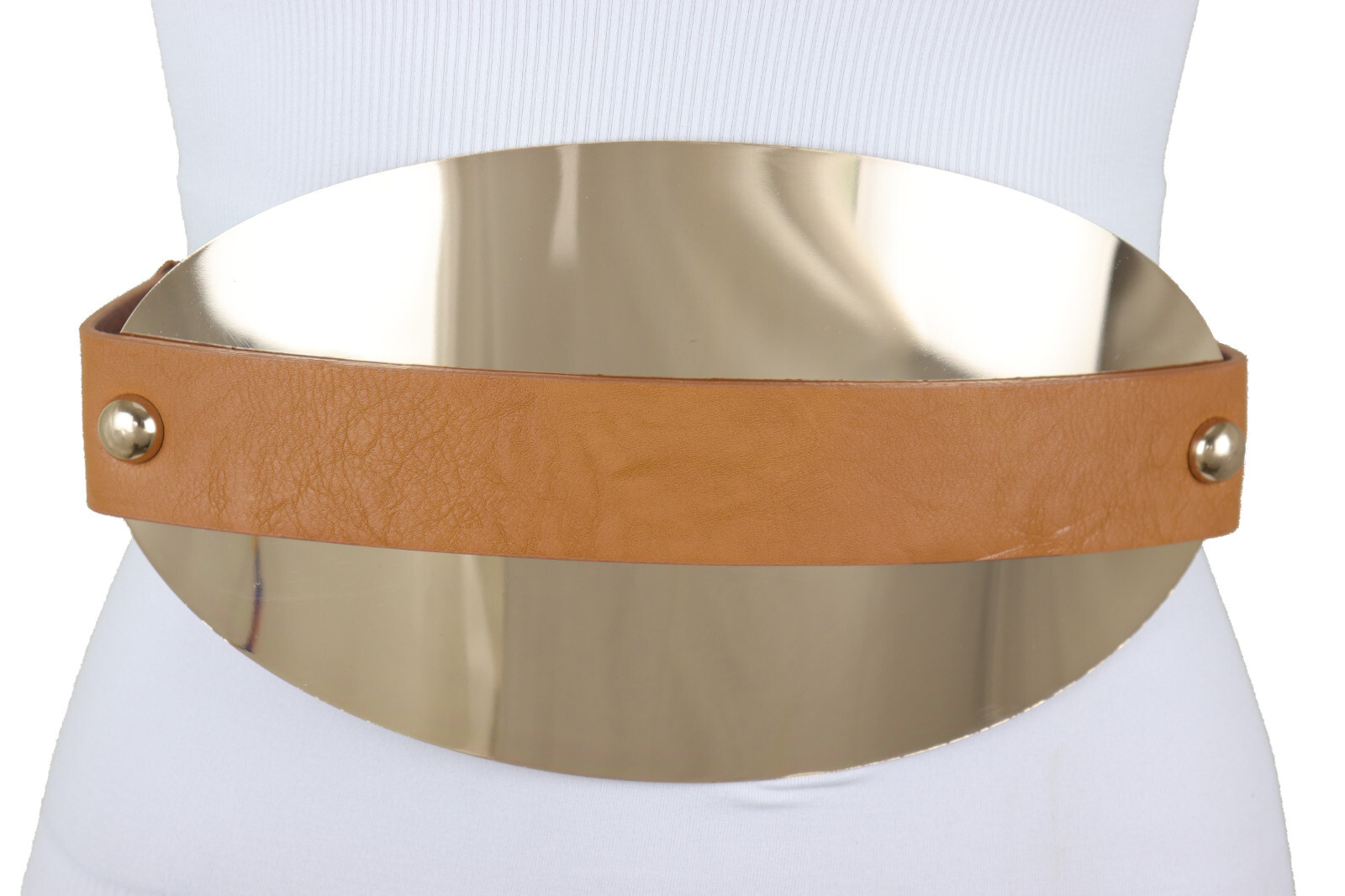 Women Brown Elastic Wide Waistband Fancy Dressy Belt Oval Gold Metal Plate S M