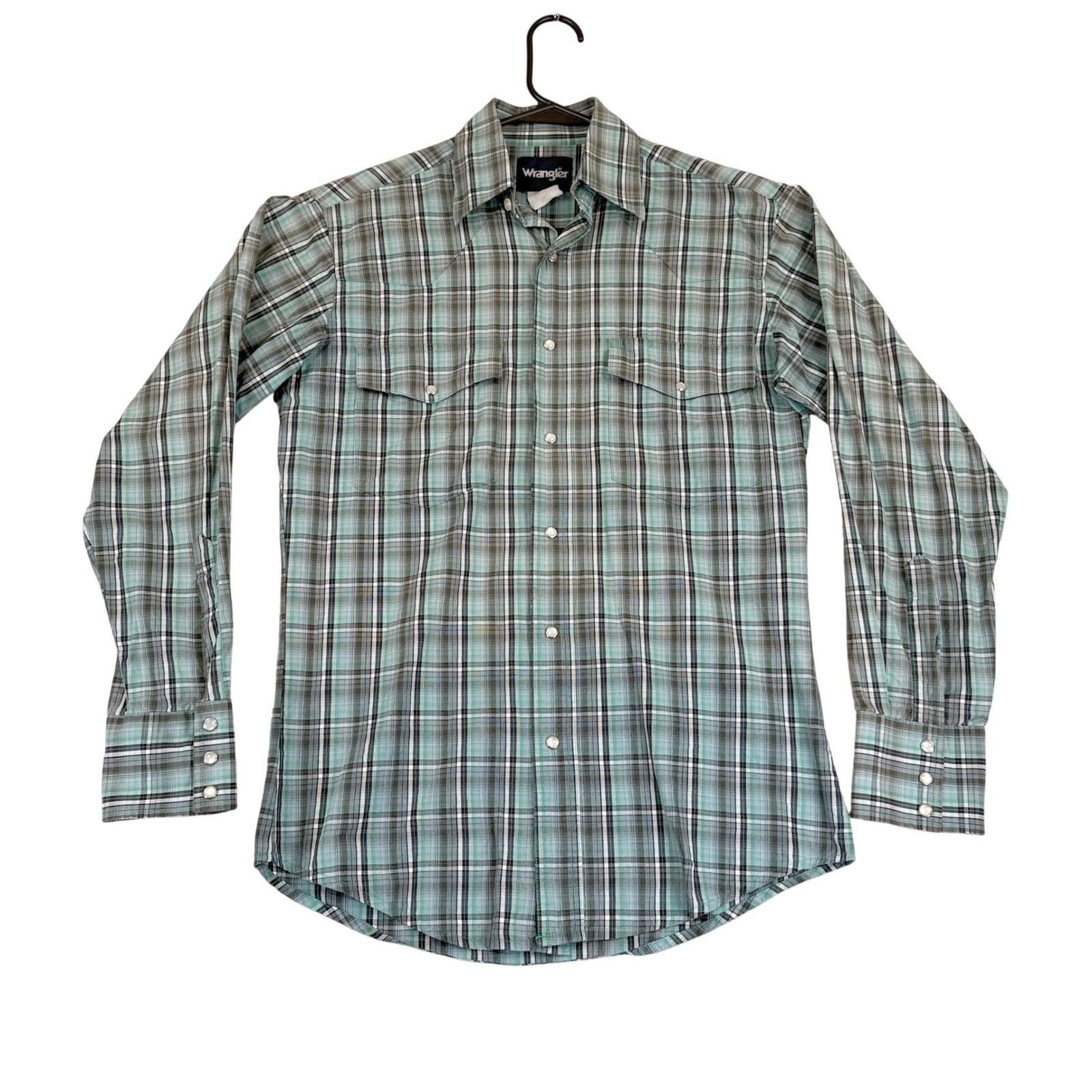 Vtg Wrangler Pearl Snap Western Shirt Mens Small Teal Long Sleeve