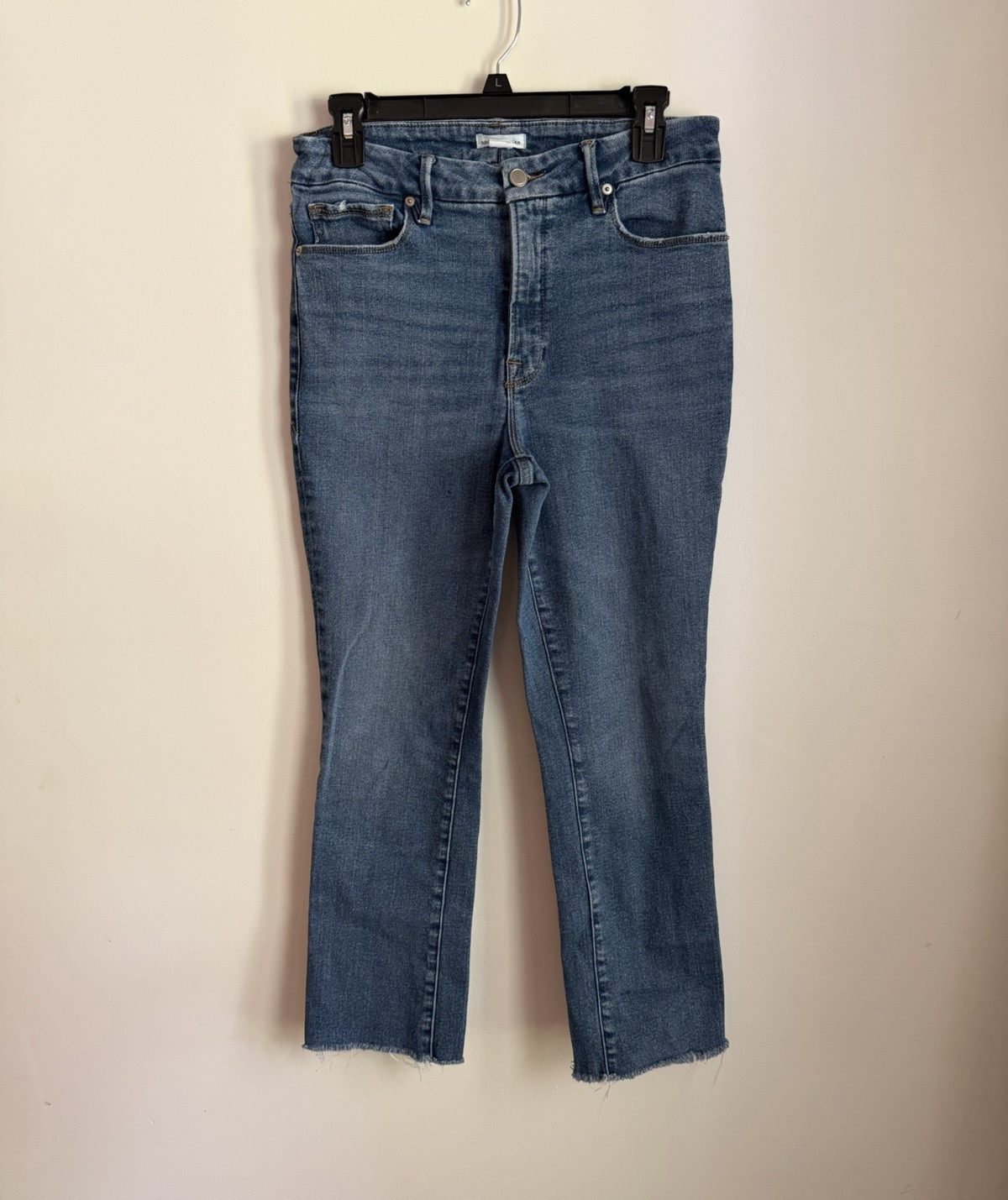 Good American Good Legs Jeans Womens 8/29 Cropped Flare Raw Hem Medium Wash