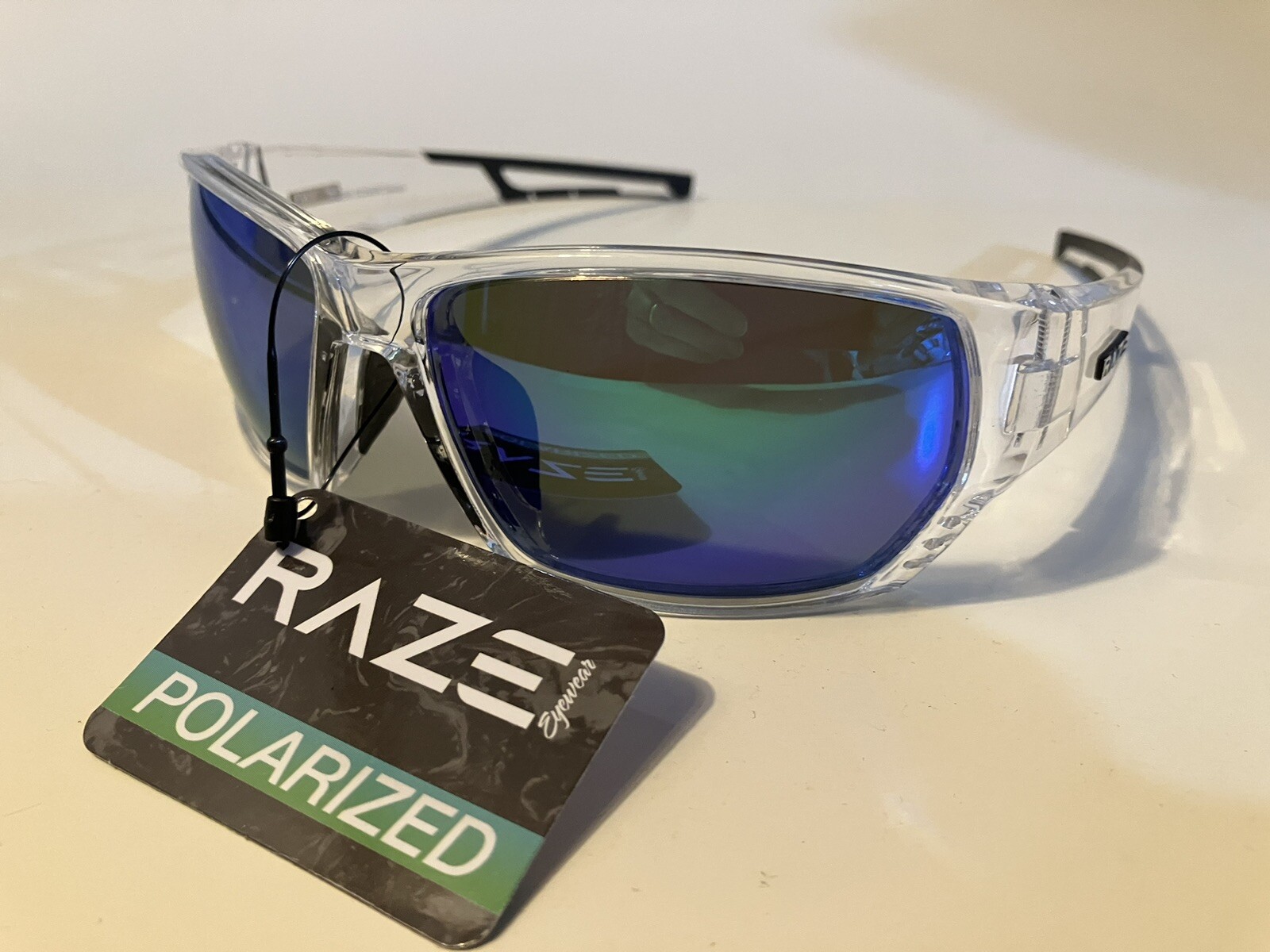 RAZE Eyewear Sunglasses Sonar Polarized Clear Frame Blue Mirror Smoke 28856