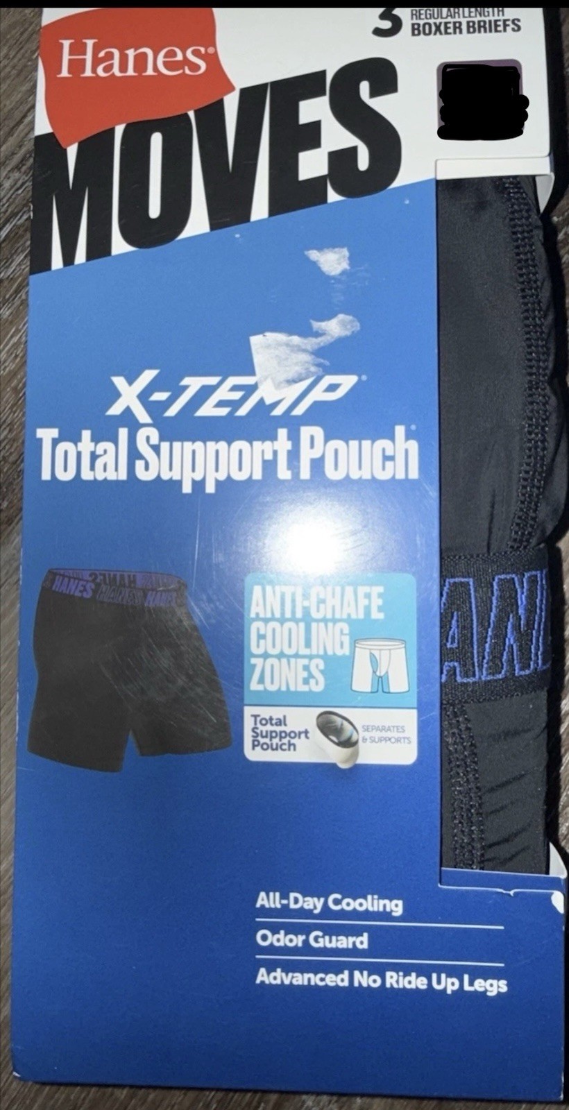 Hanes Moves 3-Pair Mens Boxer Brief Underwear Nylon Blend X-Temp Black ~ XL