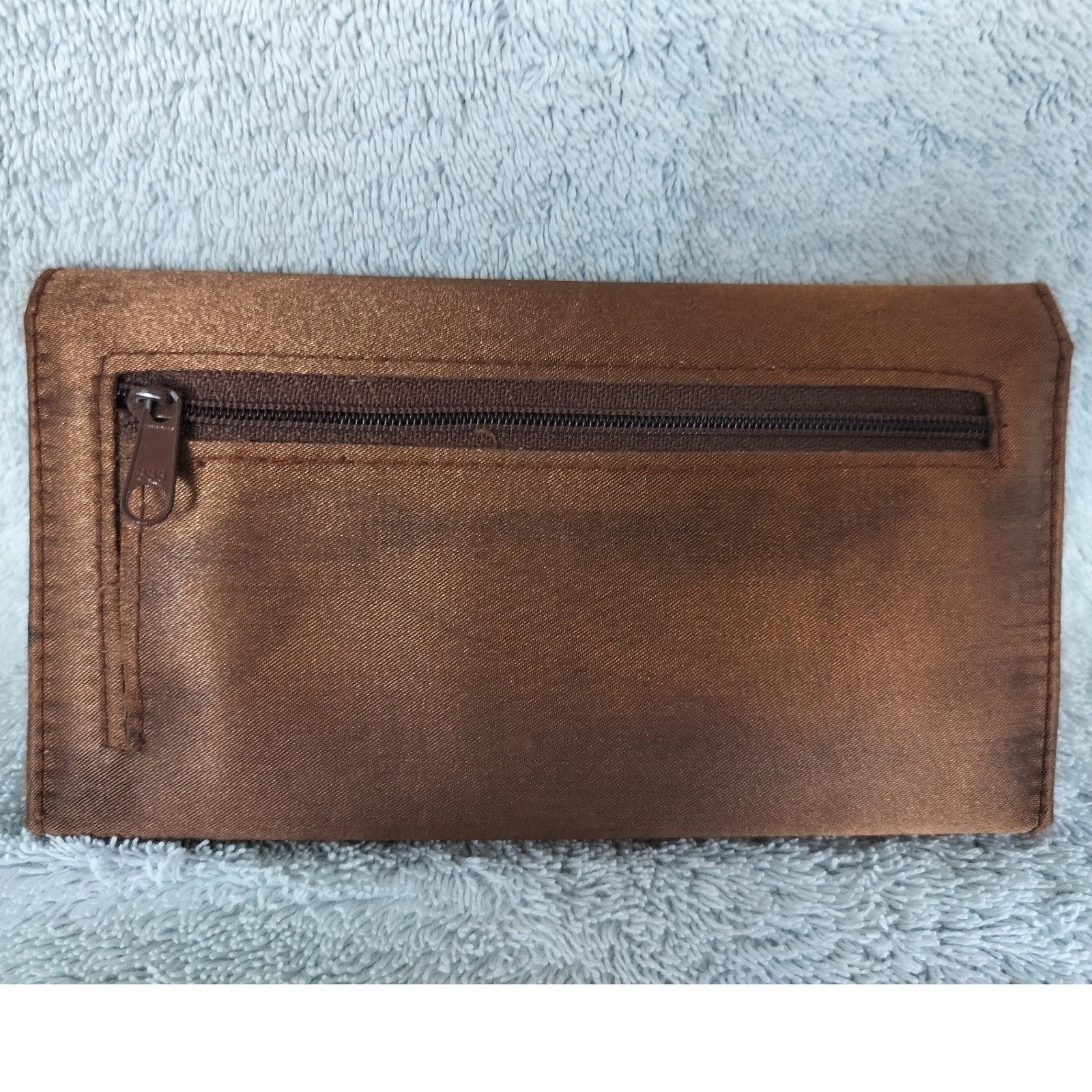 Vintage Moschino Satin Logo Plaque Tri-Fold Wallet Womens Brown Bronze 90s