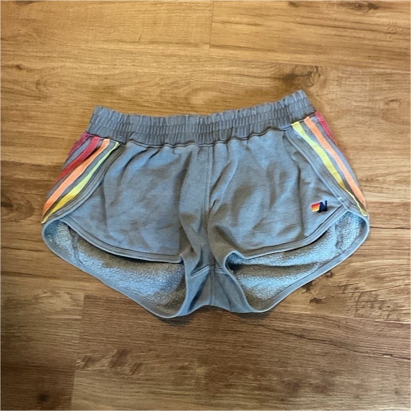 Aviator Nation Women’s Blue Knit Athletic Shorts Rainbow Trim Drawstring