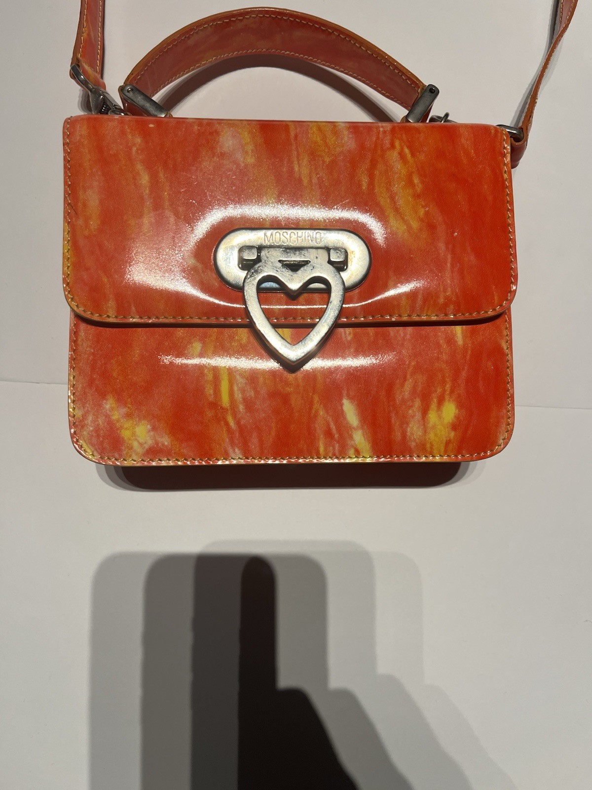 Vintage 90s Y2K Moschino Redwall Heart Locking Satchel Purse Orange Flames RARE
