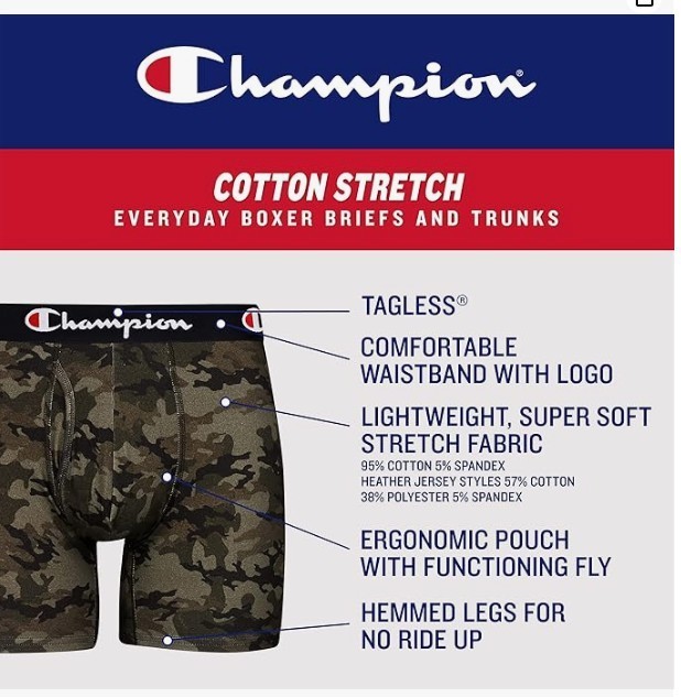 Champion Men’s Everyday Cotton Stretch Boxer Briefs- 5 Pack