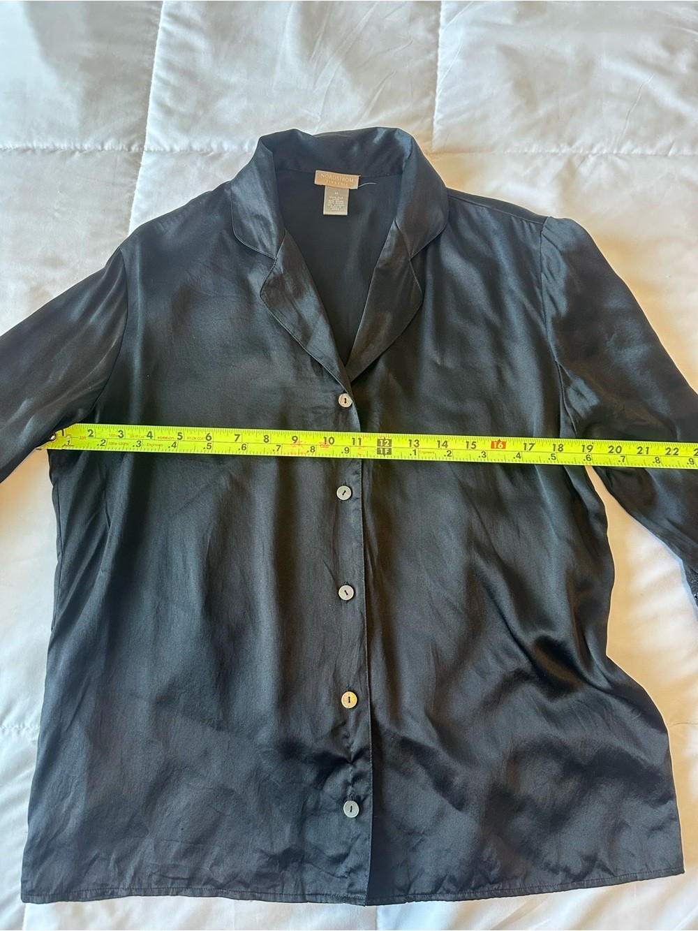 Nordstrom 100% Silk Black Button-Front Collared Top with Lace Trim Size M Luxe
