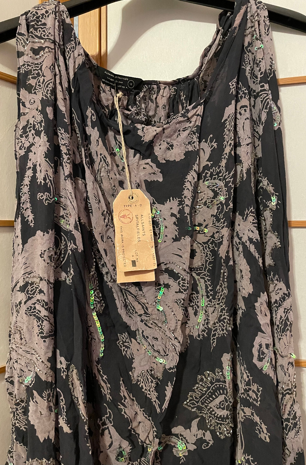 ALLSAINTS Draconis Embelished Silk Blouse Tunic Grey/Taupe UK 12 (US 8) NWT $218