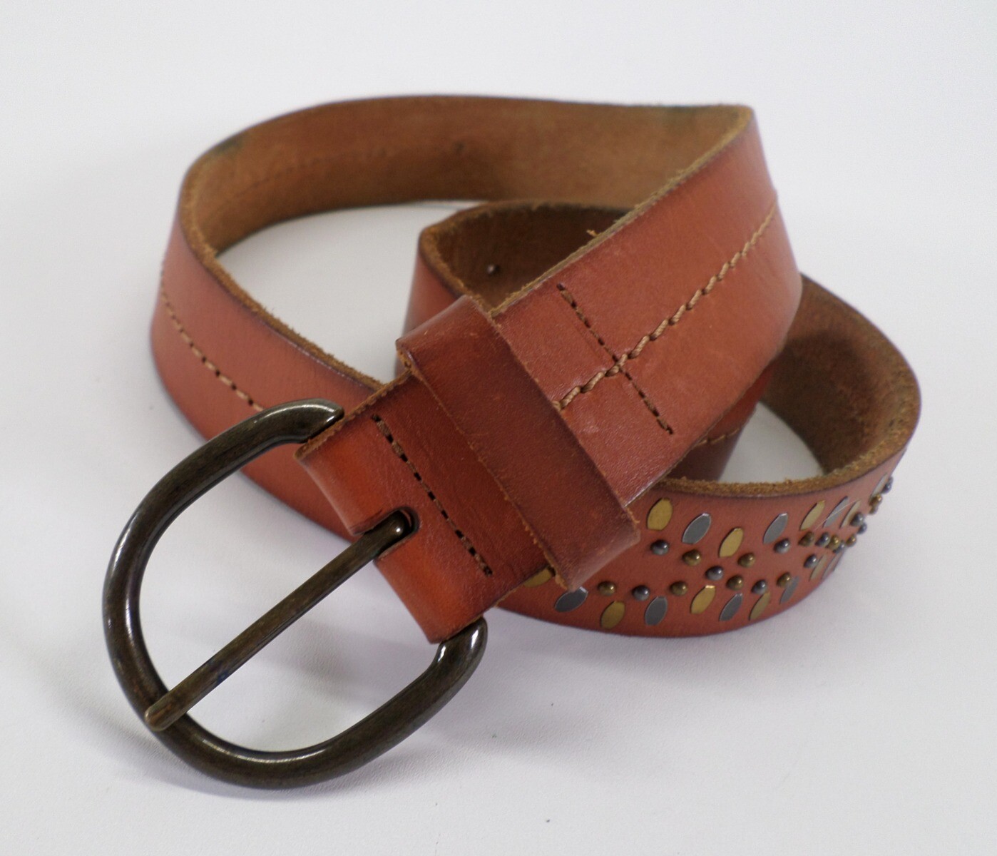 Studded Leather Belt 30 32 34 Brown