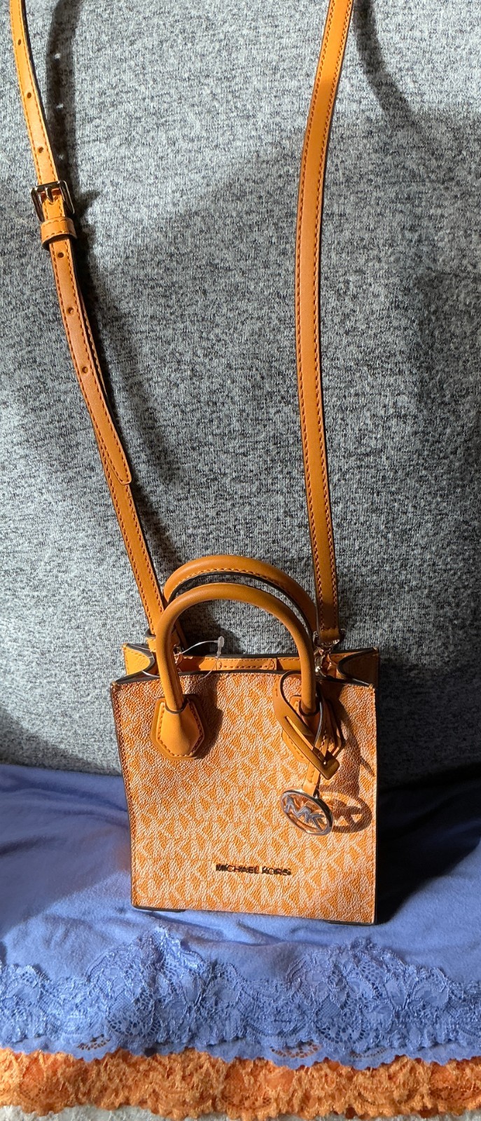 Michael Kors Orange Multi SIG Mini Coated Canvas Leather CC SnapCrossbodySatchel