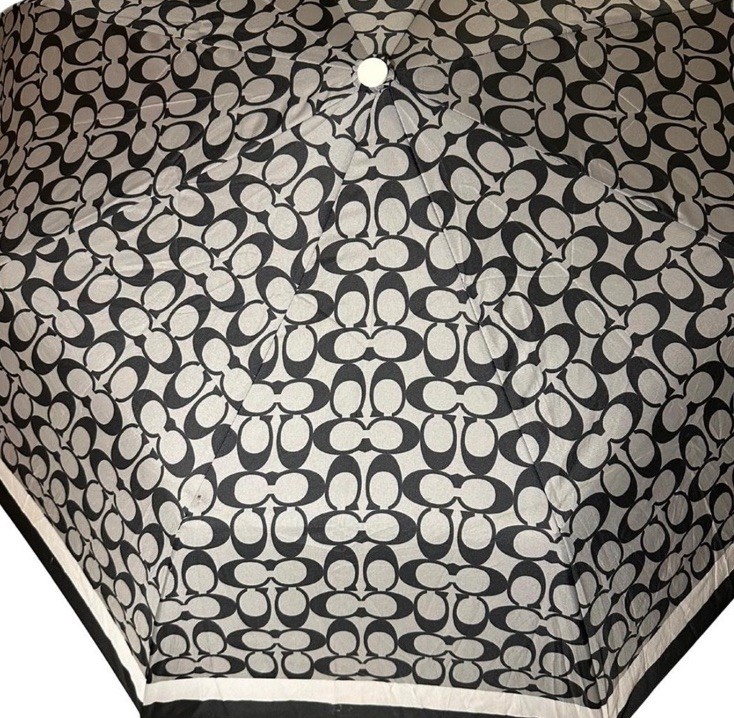 Coach Vintage Umbrella Black Gray White Logo C Print Y2K 2000s Rain Preppy