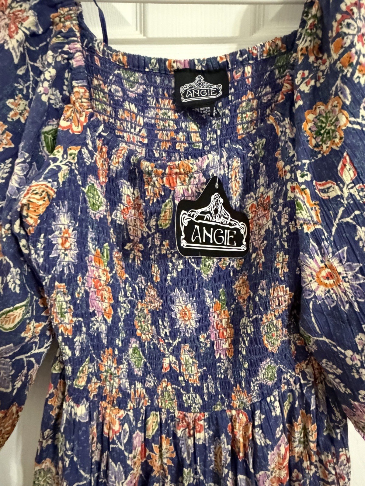 NWT Angie Floral Large Flutter Sleeve Dress Smocked Blue Multicolor