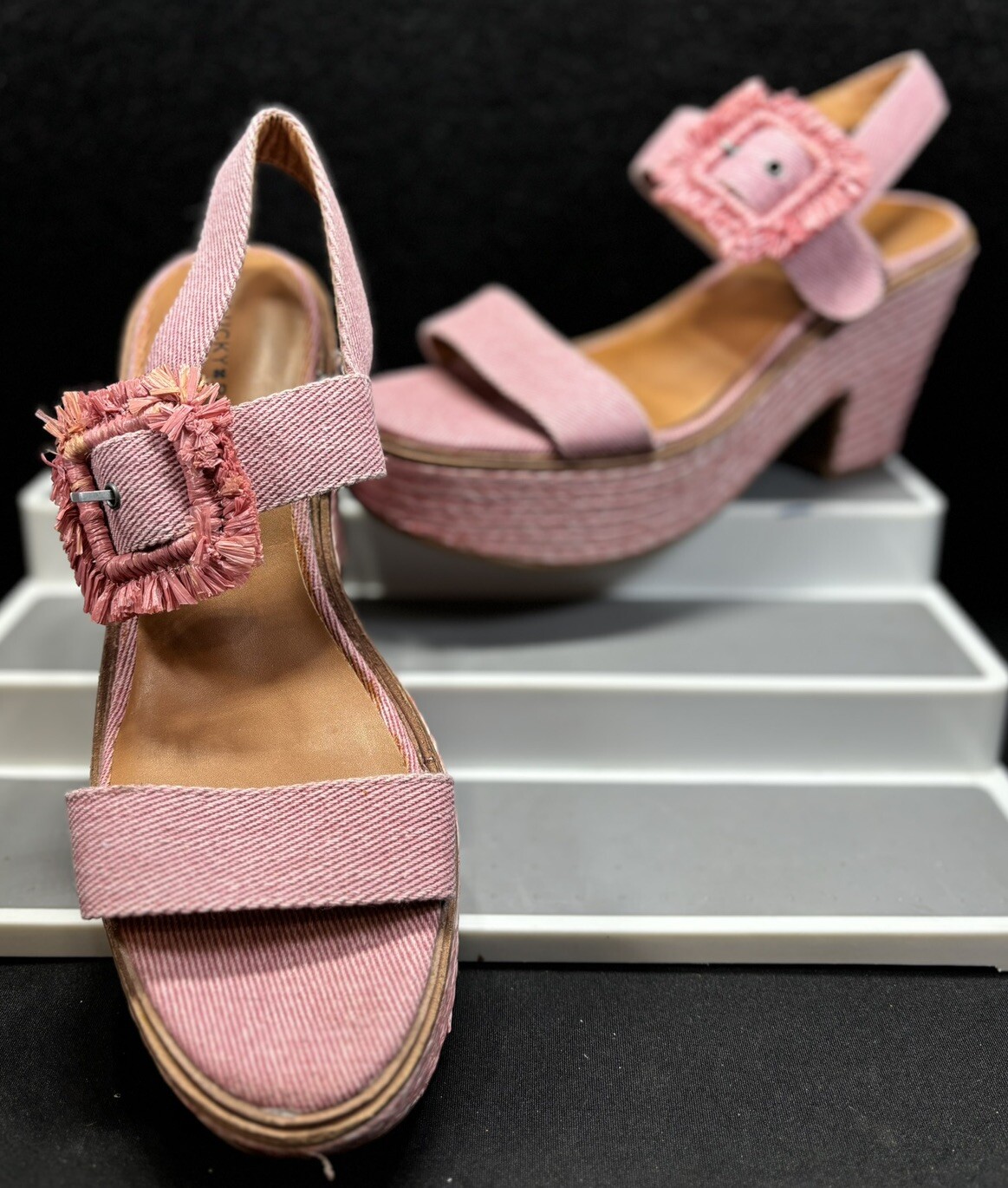 Lucky Brand Yidris Platform Espadrille Heels Sandals Pink Size 9M Straw Buckle