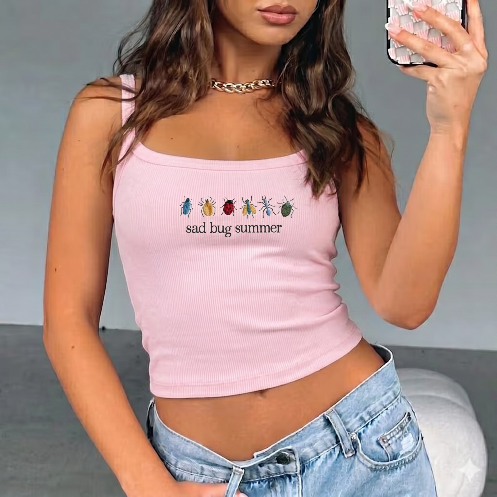 Sad Bug Summer Embroidered Tank Top Trendy Weirdcore Graphic Crop Top
