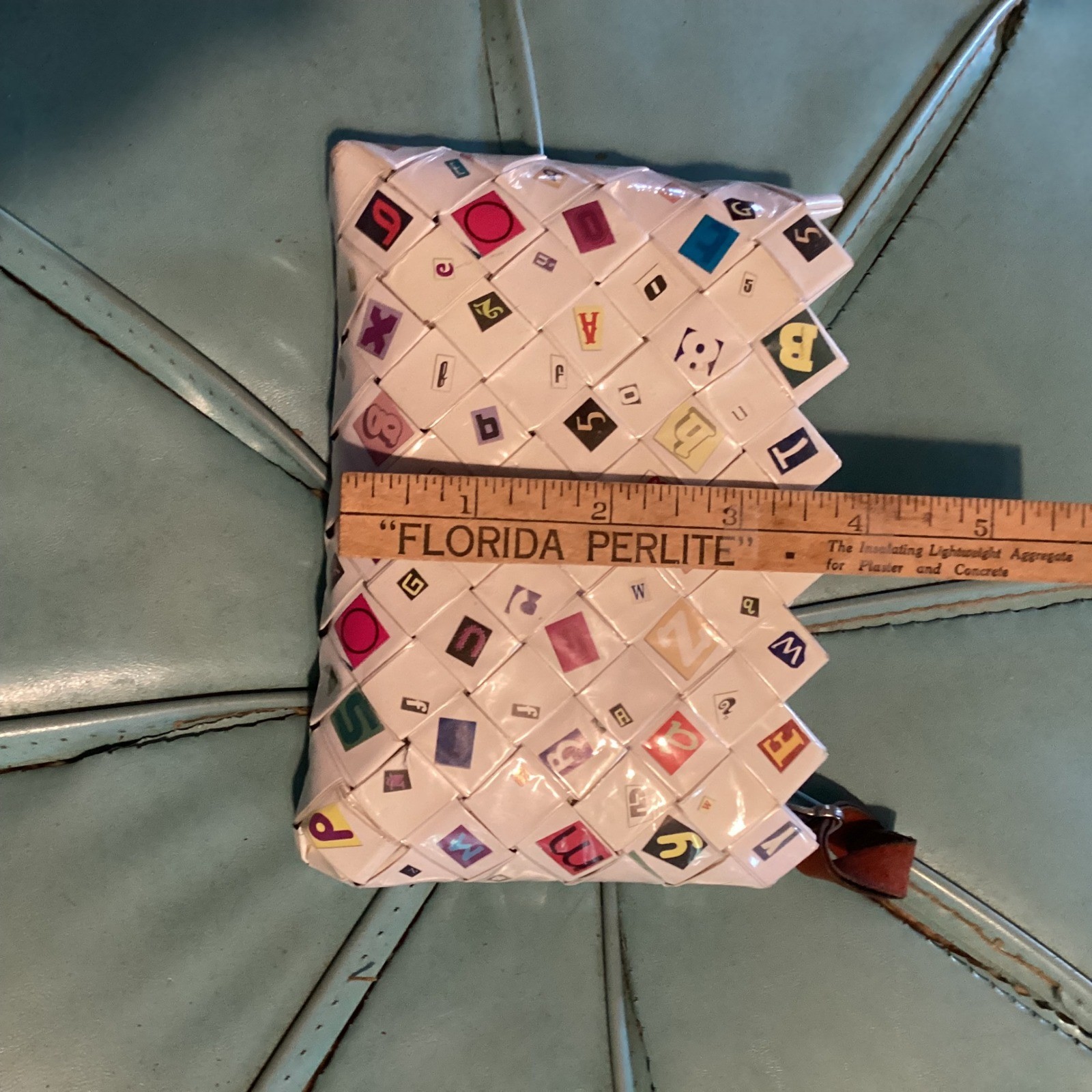 Nahui Ollin Woven Clutch Bag Upcycled Alphabet Tiles Unique Handmade