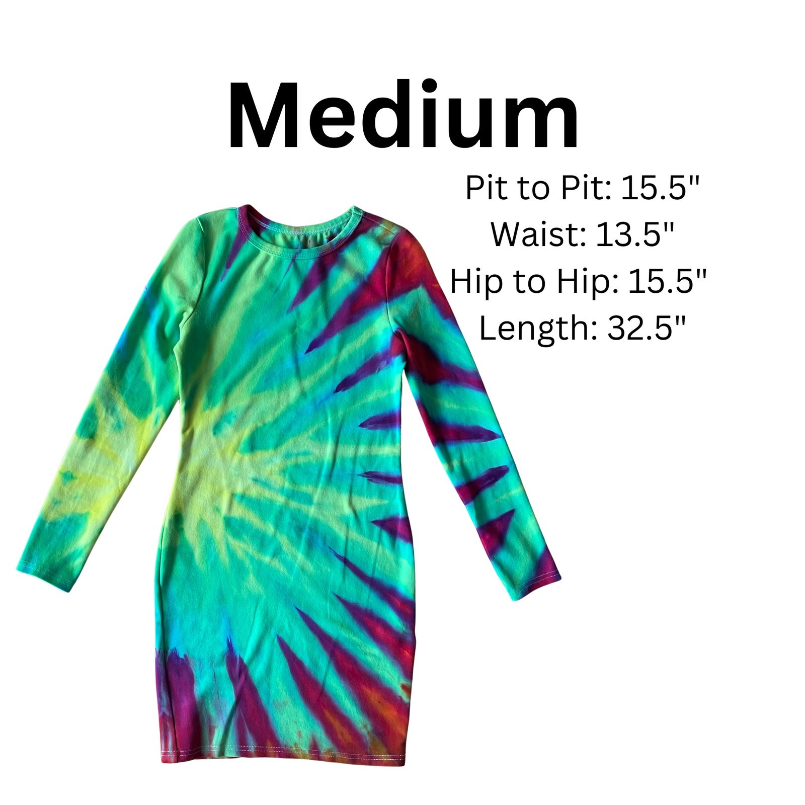 Ice Dyed Long-sleeve Dress – Tie Dye Hippie Boho Drippy Rainbow (Women’s Medium)