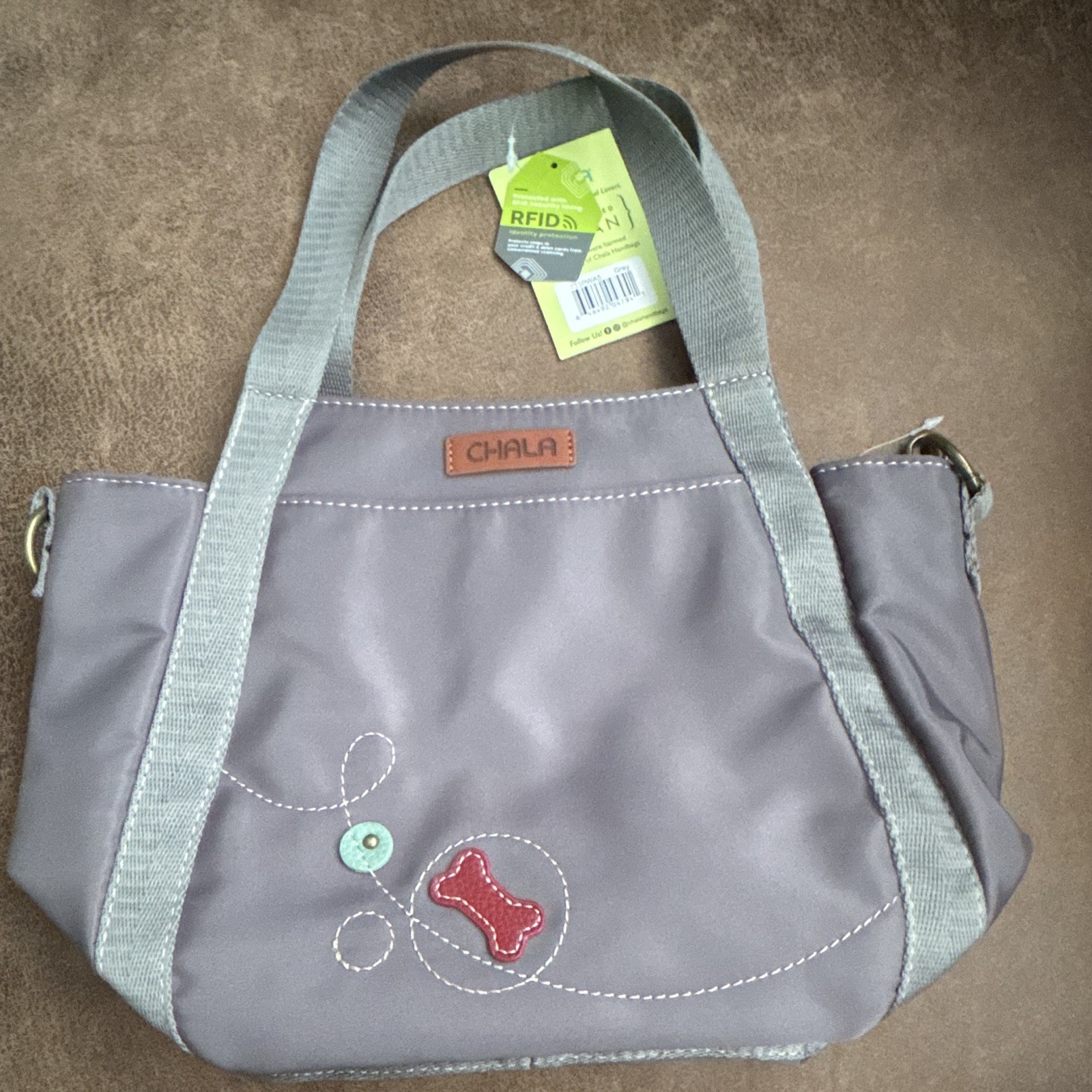 Chala Gray Dog Paw Applique Shoulder Bag RFID Blocking Zip Detachable Strap
