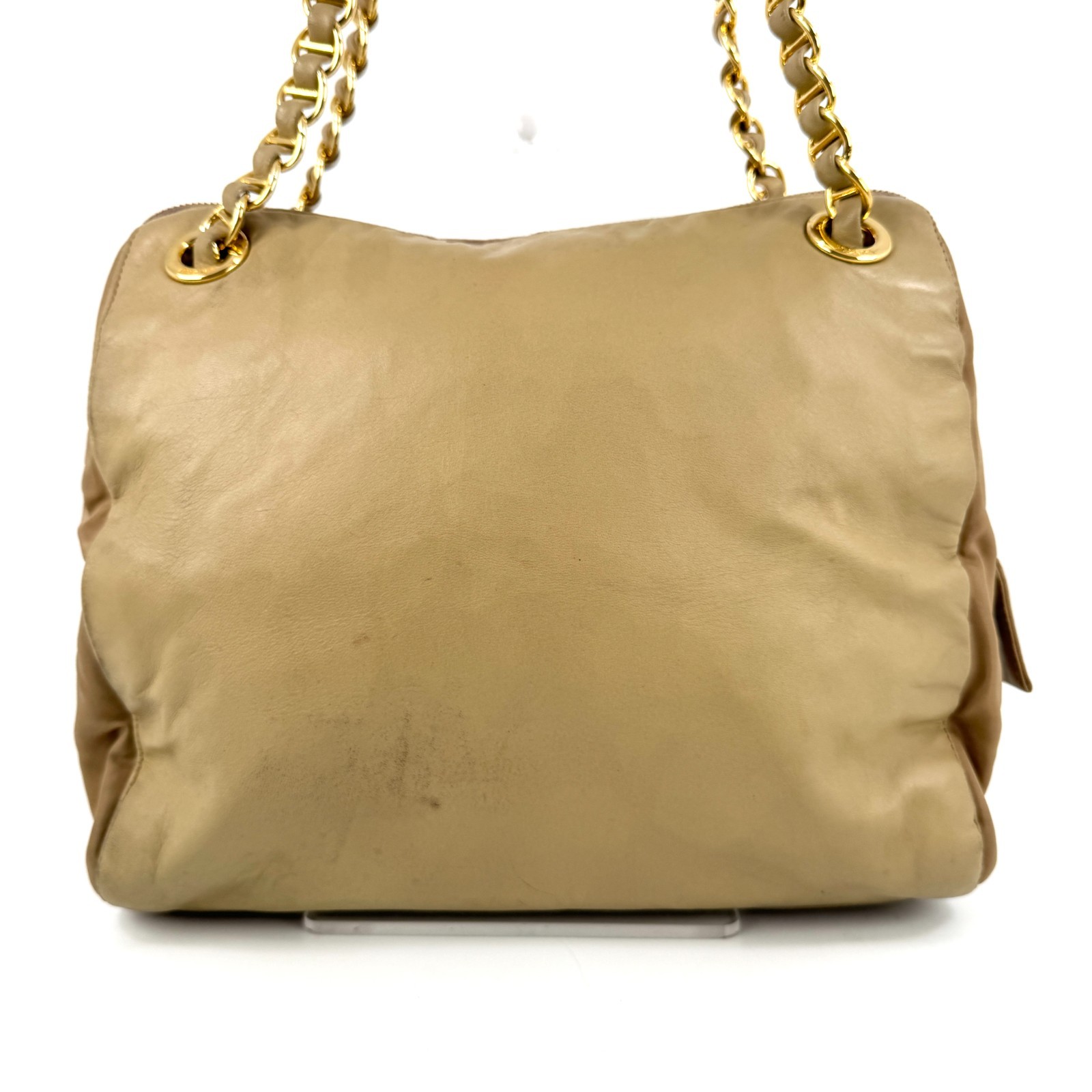 PRADA Double Chain Leather Shoulder Bag Embossed Authentic Beige From Japan