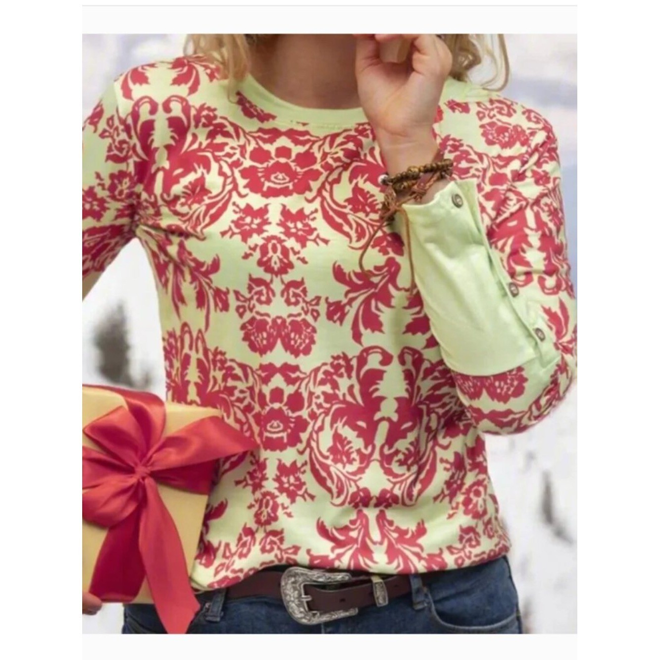 Sundance waffle knit thermal long sleeve top green pink floral M petite