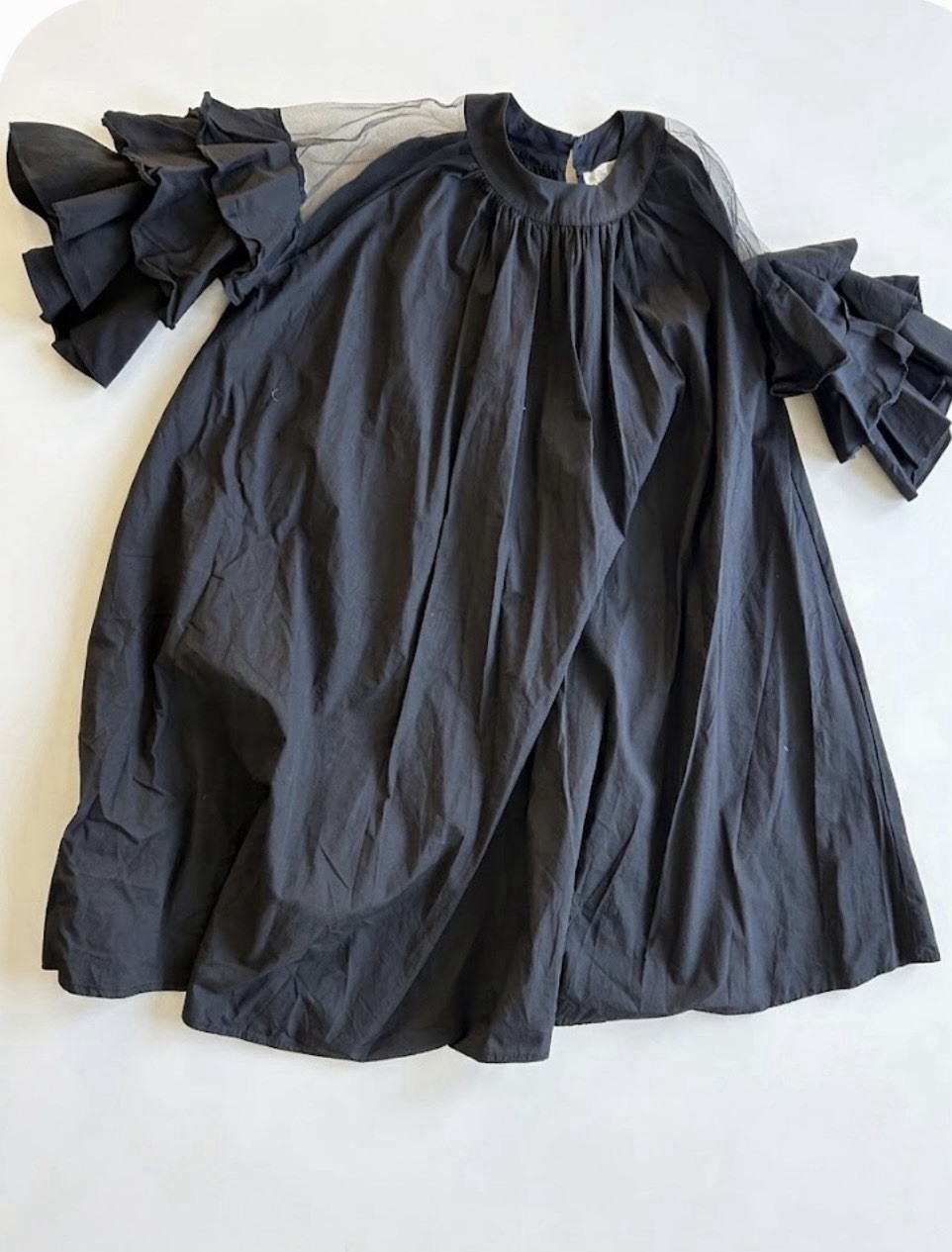 KAT THEWKO Black Solid Sheer Tulle Yoke Ruffle Puff Sleeve Mini Dress S