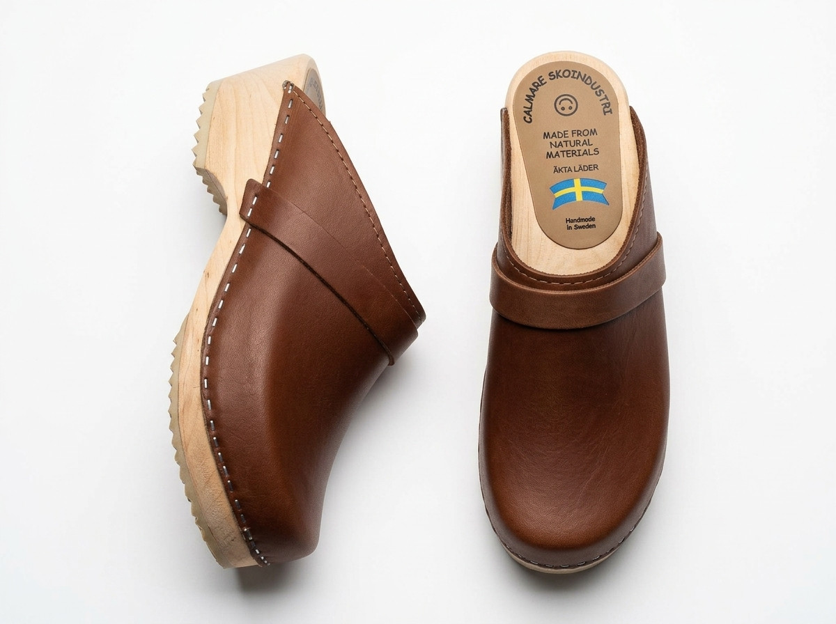 Calmare Trätofflor “ORIGINAL NATUR” Swedish Clogs in Natural Brown leather