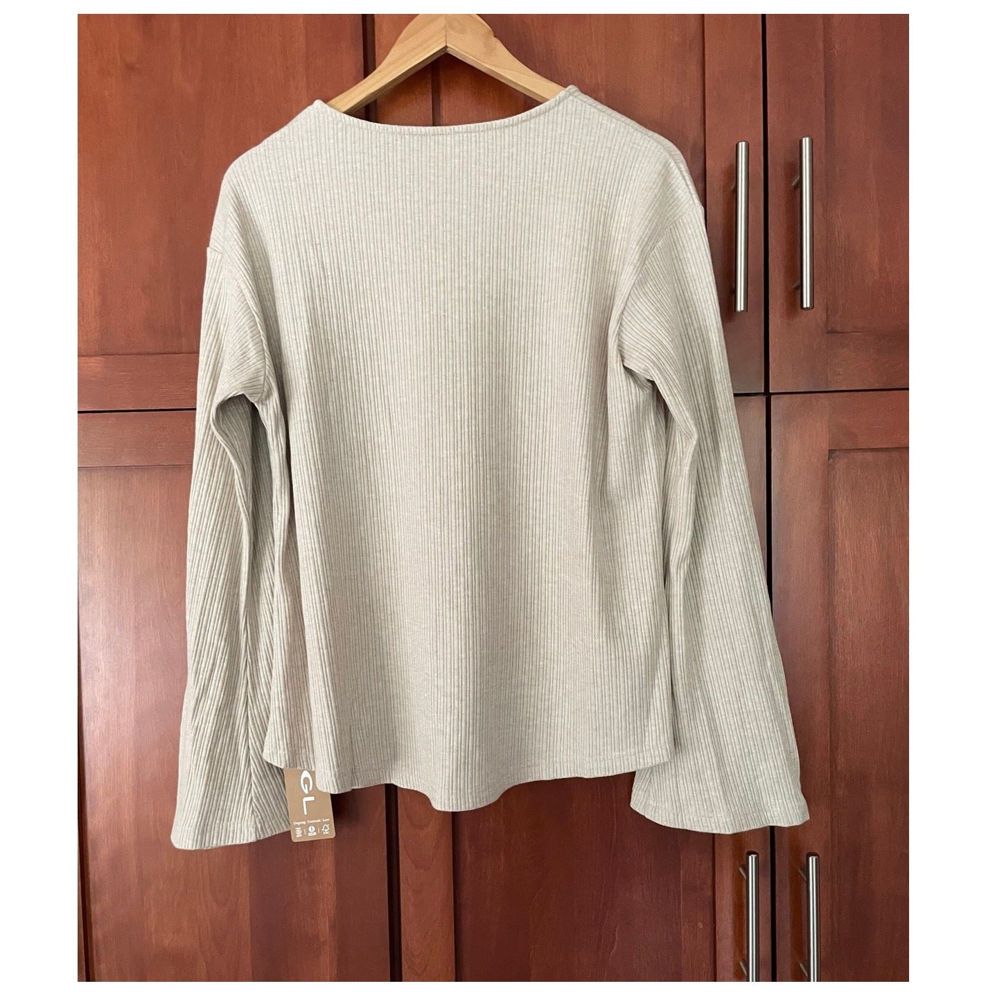 OGL Flare Cardigan Sweater Rib Knit Tan Size Large NEW